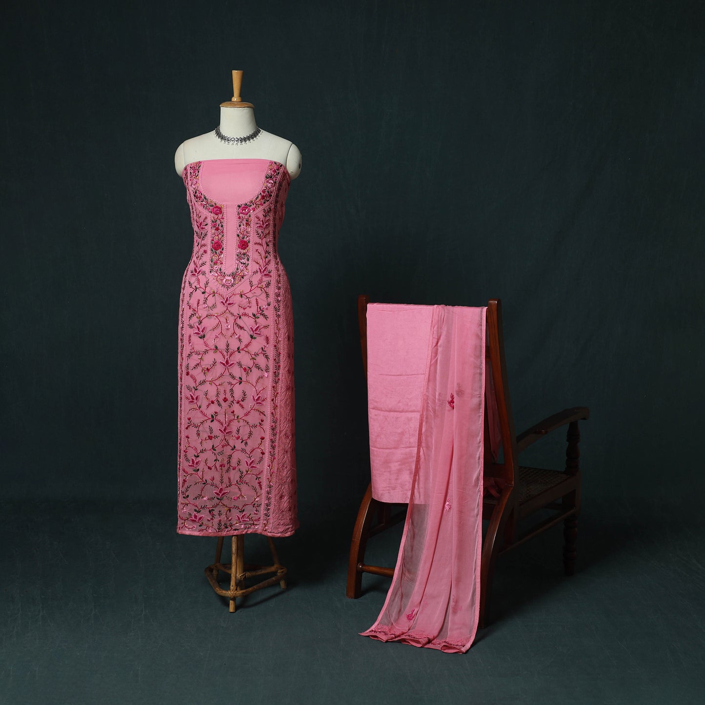 Pink - Hand Embroidered Georgette 3pc Unstitched Dress Material 17