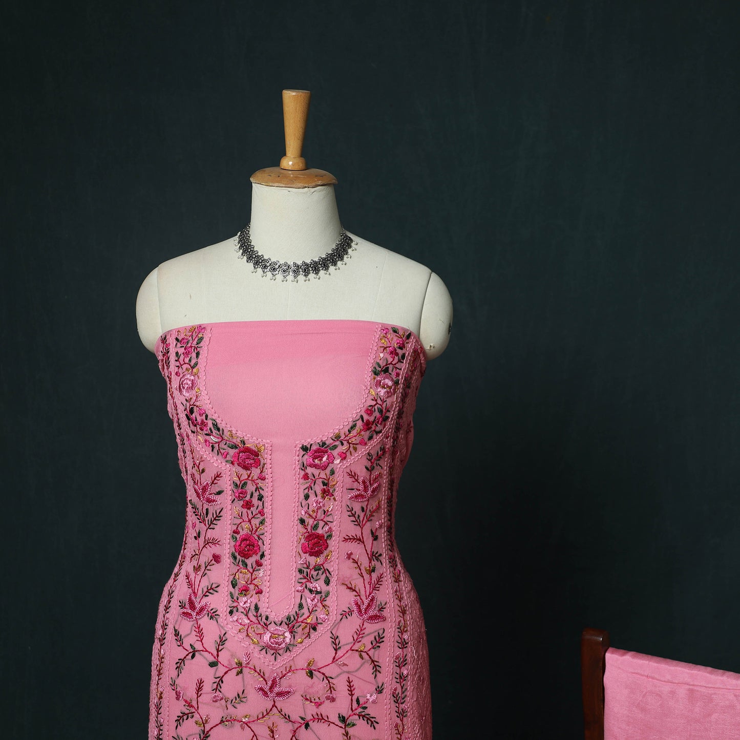 Pink - Hand Embroidered Georgette 3pc Unstitched Dress Material 17