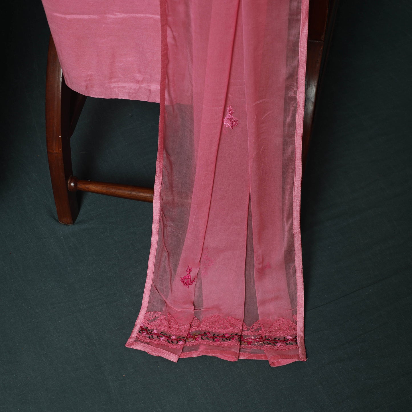 Pink - Hand Embroidered Georgette 3pc Unstitched Dress Material 17