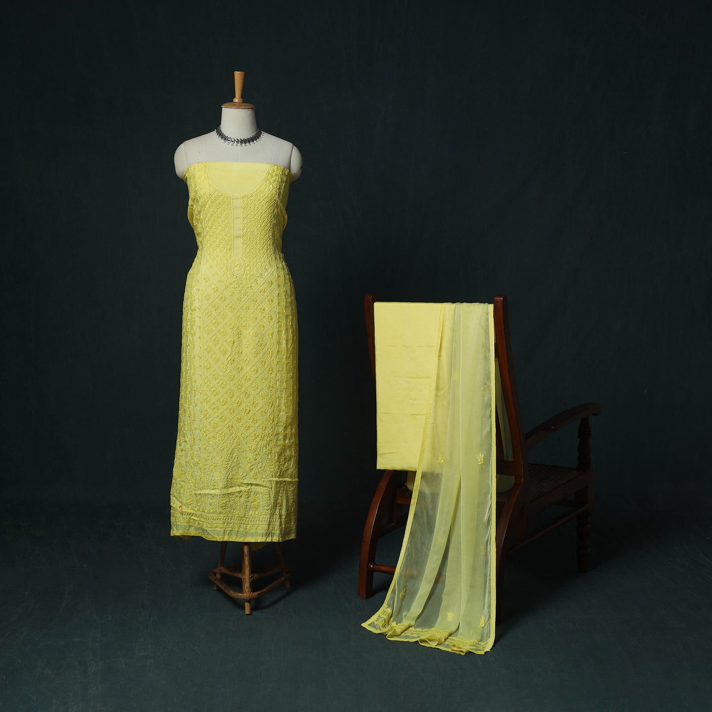 Yellow - Hand Embroidered Muslin 3pc Unstitched Dress Material 22