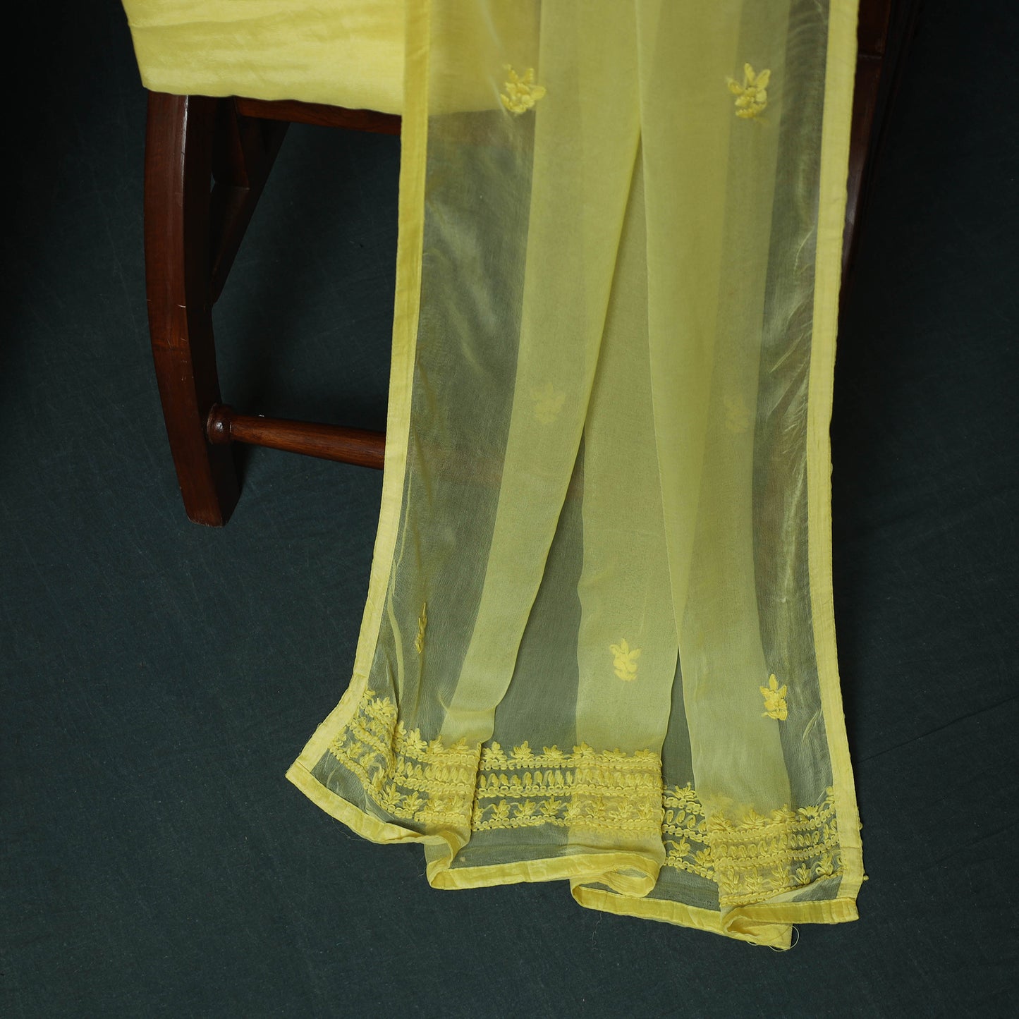 Yellow - Hand Embroidered Muslin 3pc Unstitched Dress Material 22