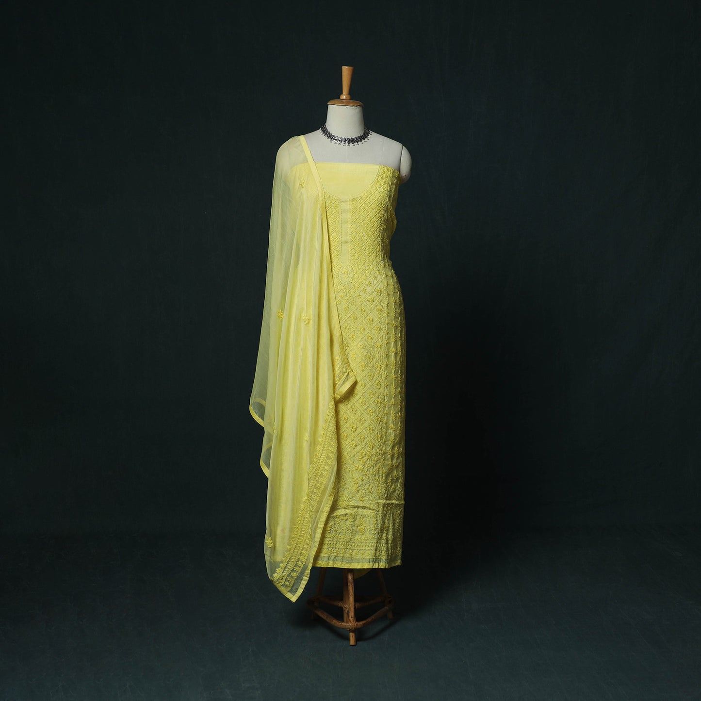 Yellow - Hand Embroidered Muslin 3pc Unstitched Dress Material 22