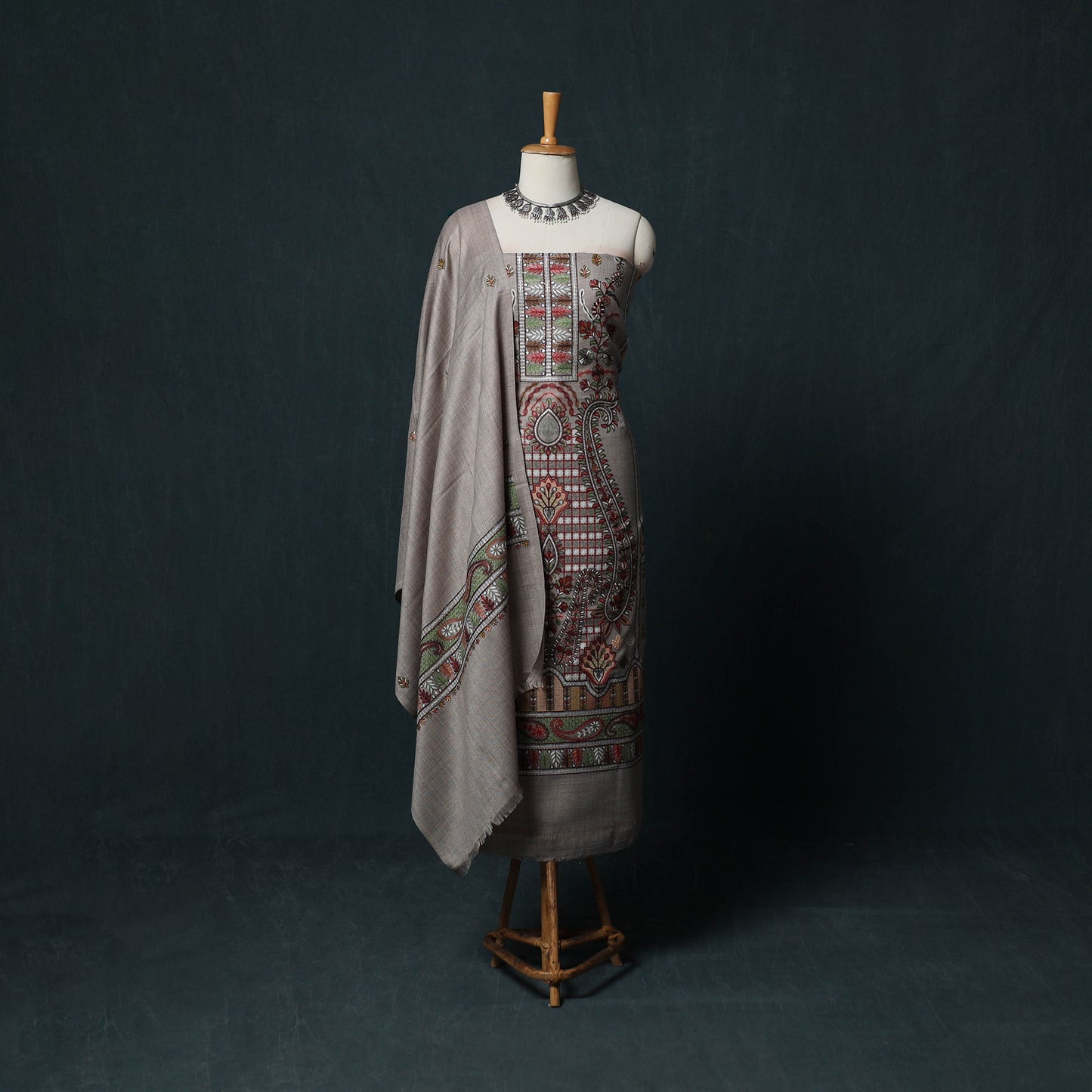 3pc Heavy Chain Stitch Embroidered Wool Unstitched Dress Material Suit Set 66