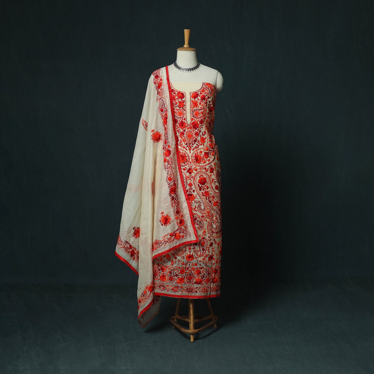 Hand Embroidered Chanderi Silk 3pc Unstitched Dress Material 29