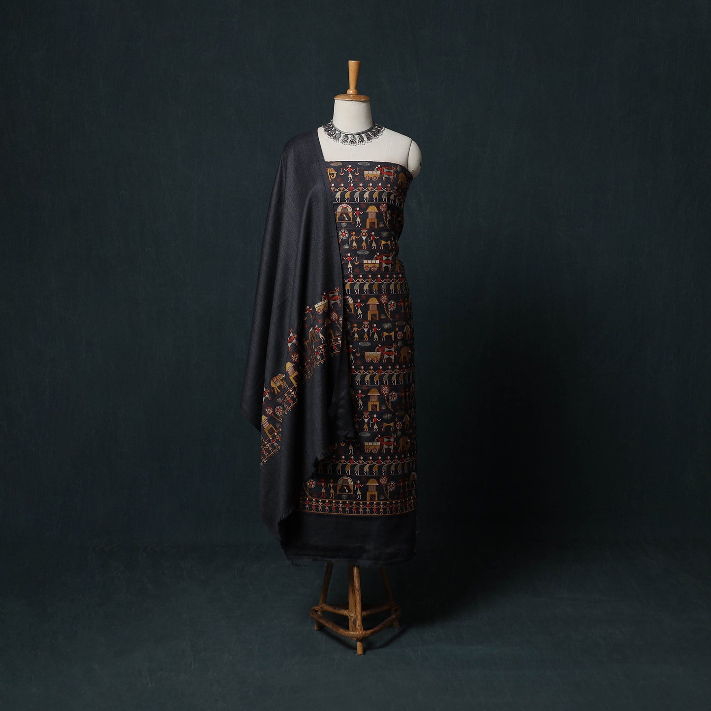 3pc Heavy Embroidered Wool Unstitched Dress Material Suit Set 75