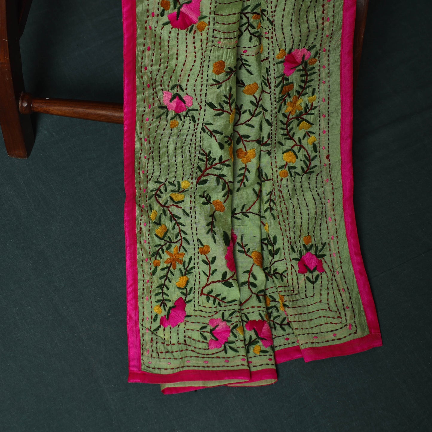Green - Hand Embroidered Chanderi Silk 3pc Unstitched Dress Material 32