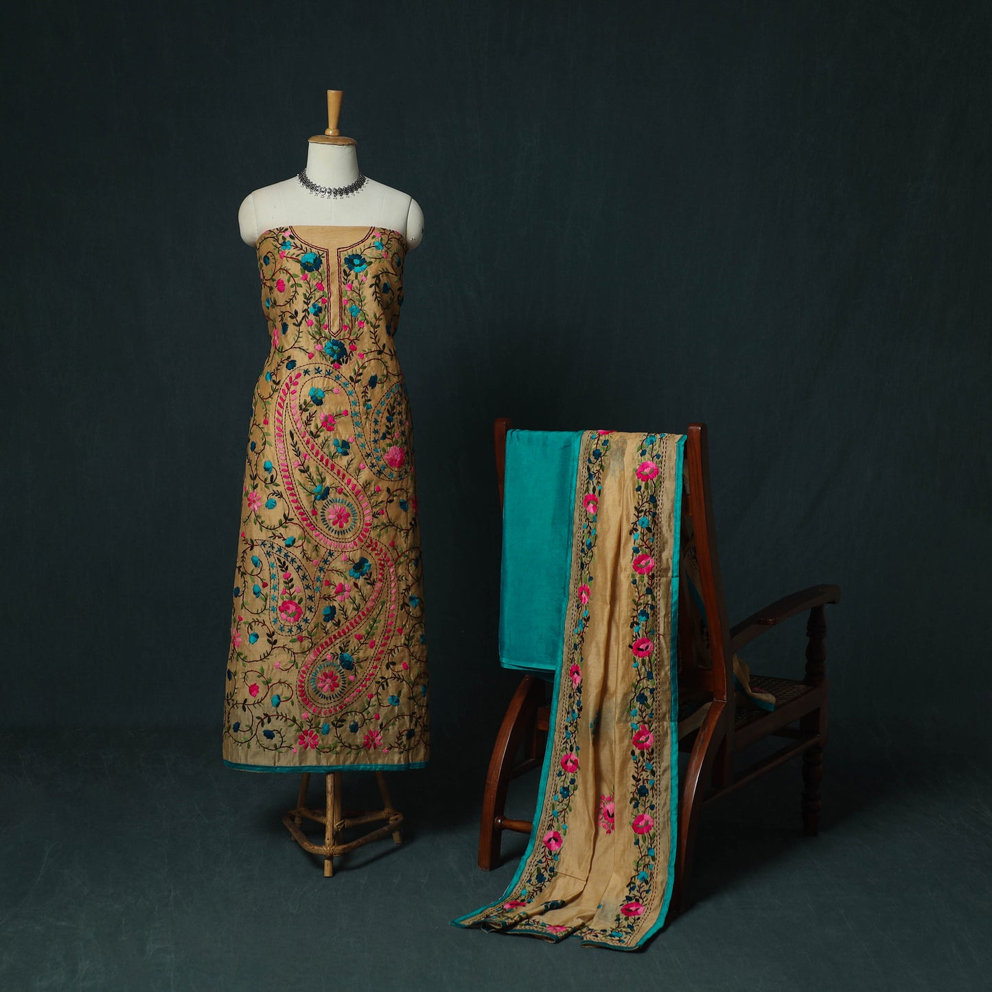 Hand Embroidered Chanderi Silk 3pc Unstitched Dress Material 37