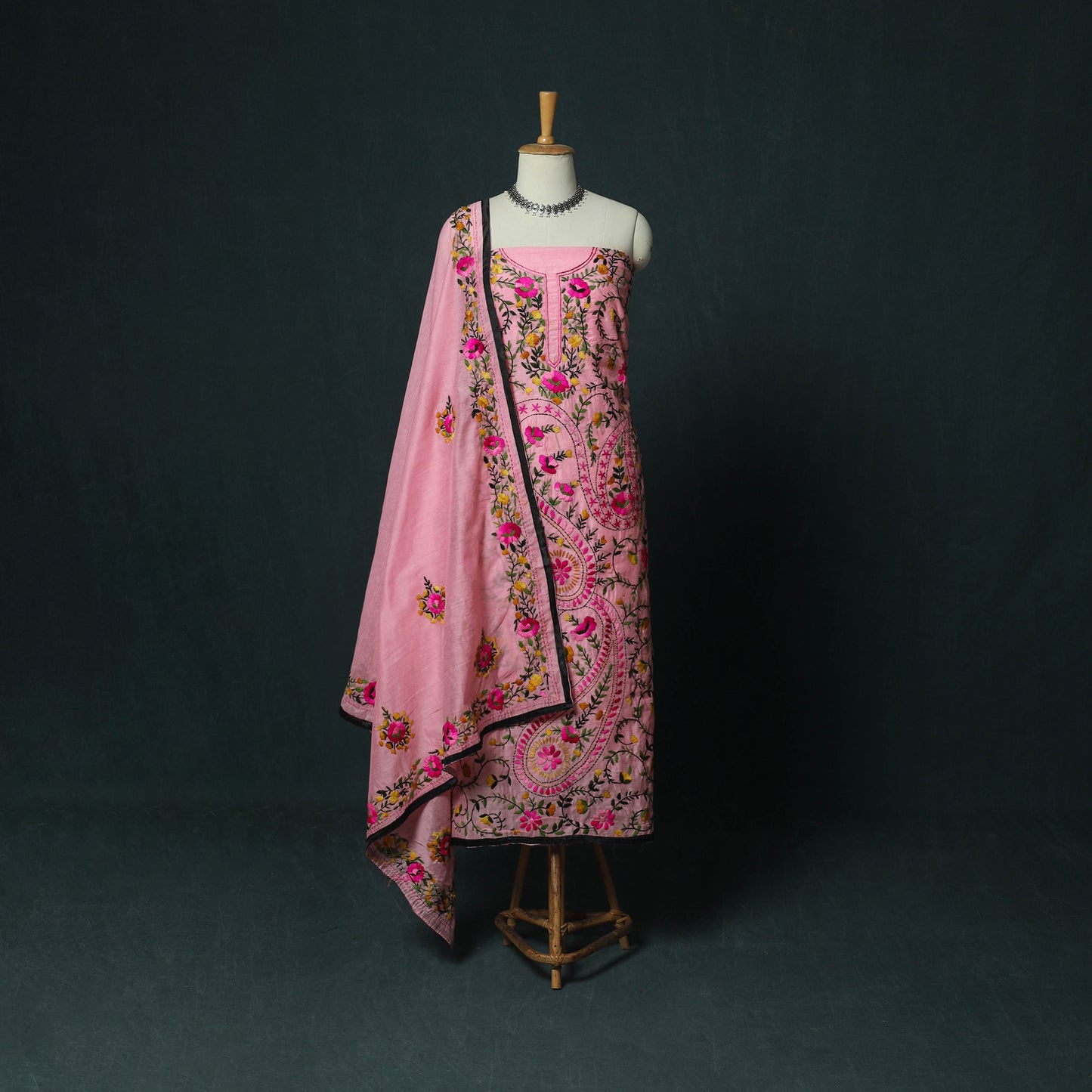 Pink - Hand Embroidered Chanderi Silk 3pc Unstitched Dress Material 41