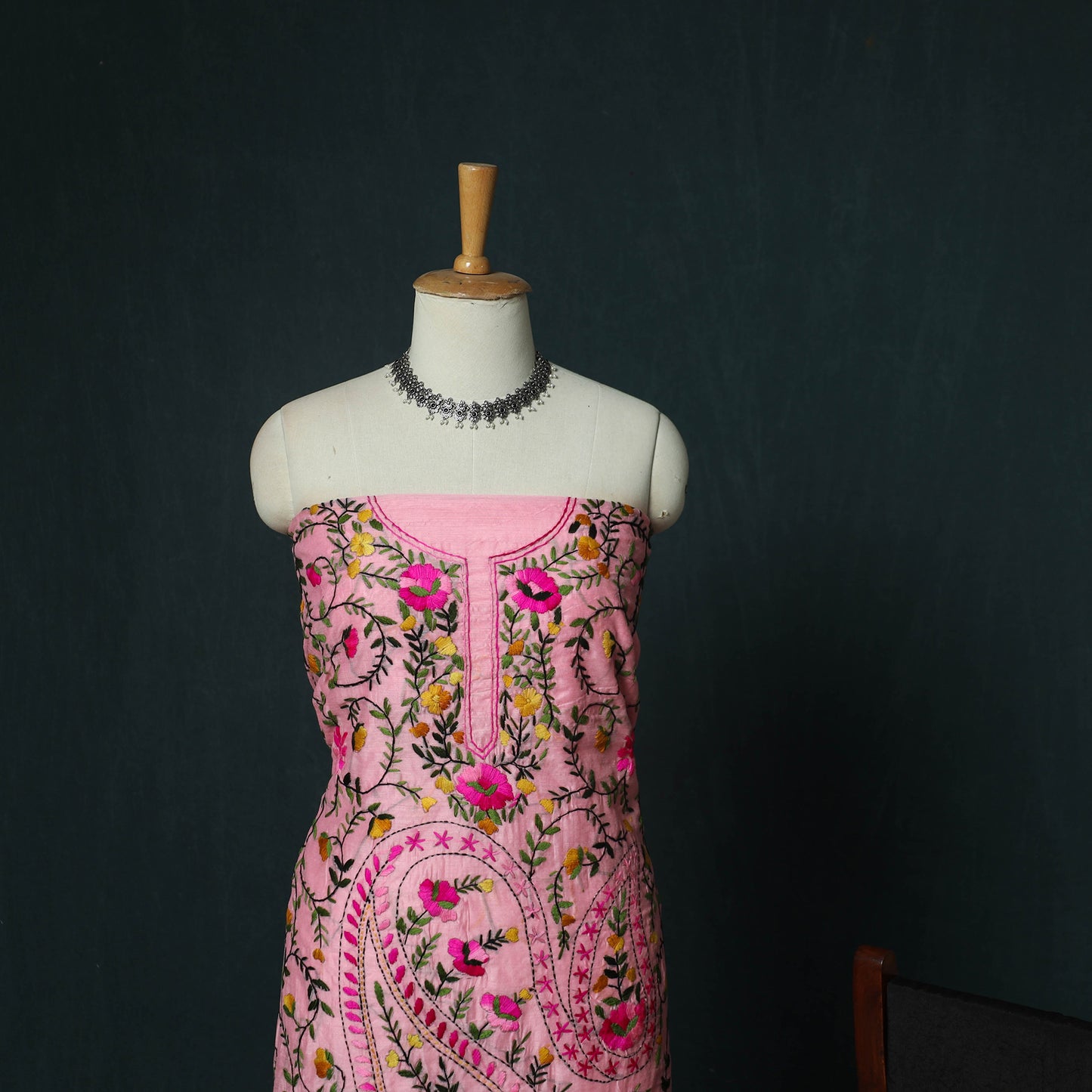 Pink - Hand Embroidered Chanderi Silk 3pc Unstitched Dress Material 41