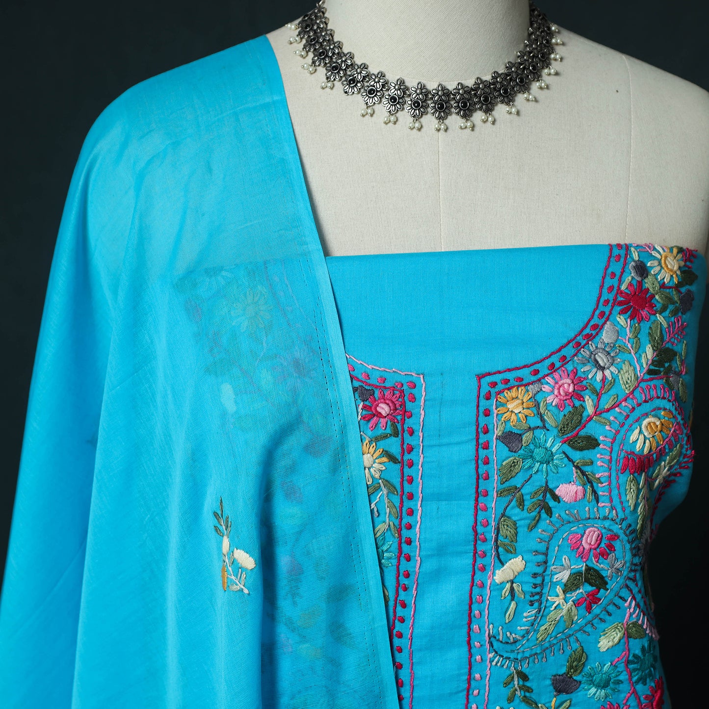 Blue - Hand Embroidered Cotton 3pc Unstitched Dress Material 42