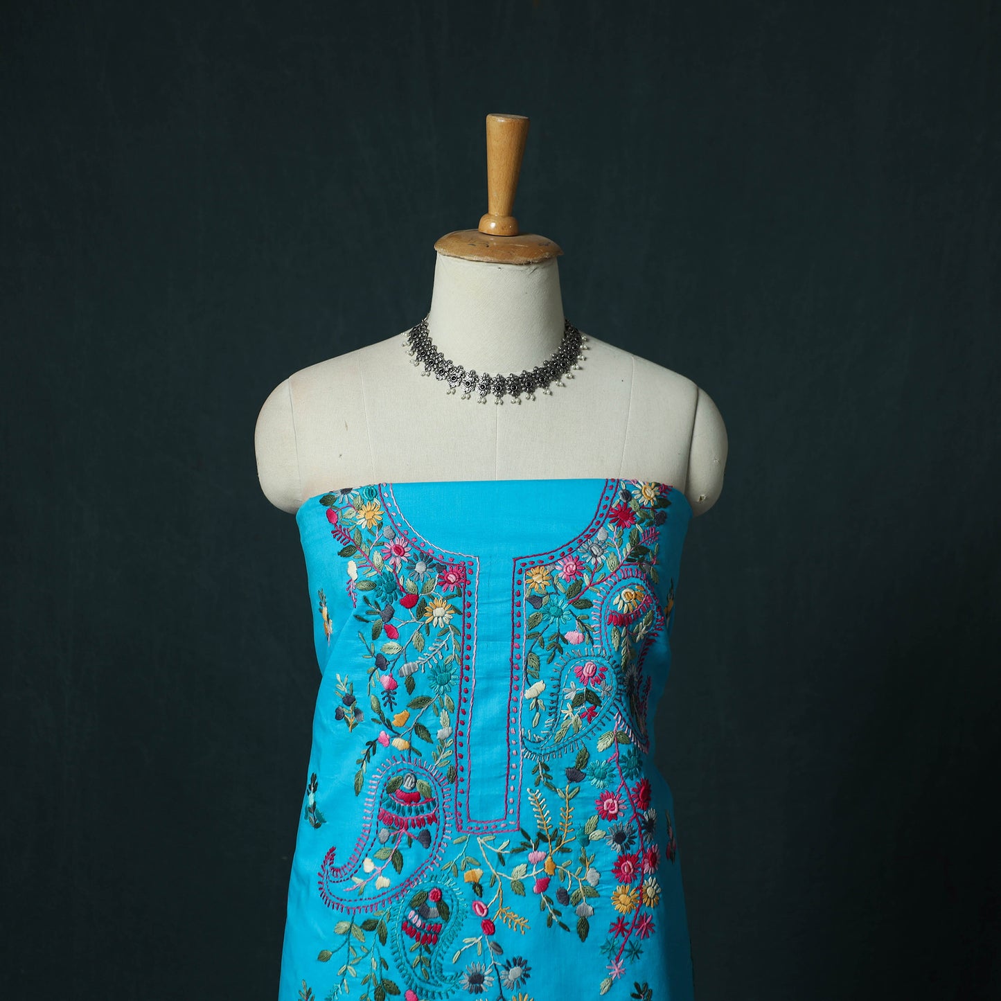Blue - Hand Embroidered Cotton 3pc Unstitched Dress Material 42