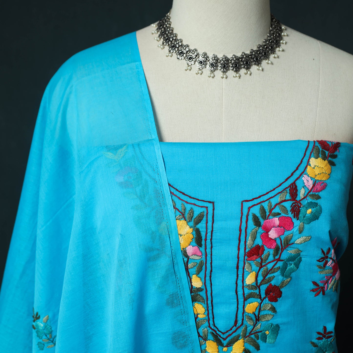 Blue - Hand Embroidered Cotton 3pc Unstitched Dress Material 43
