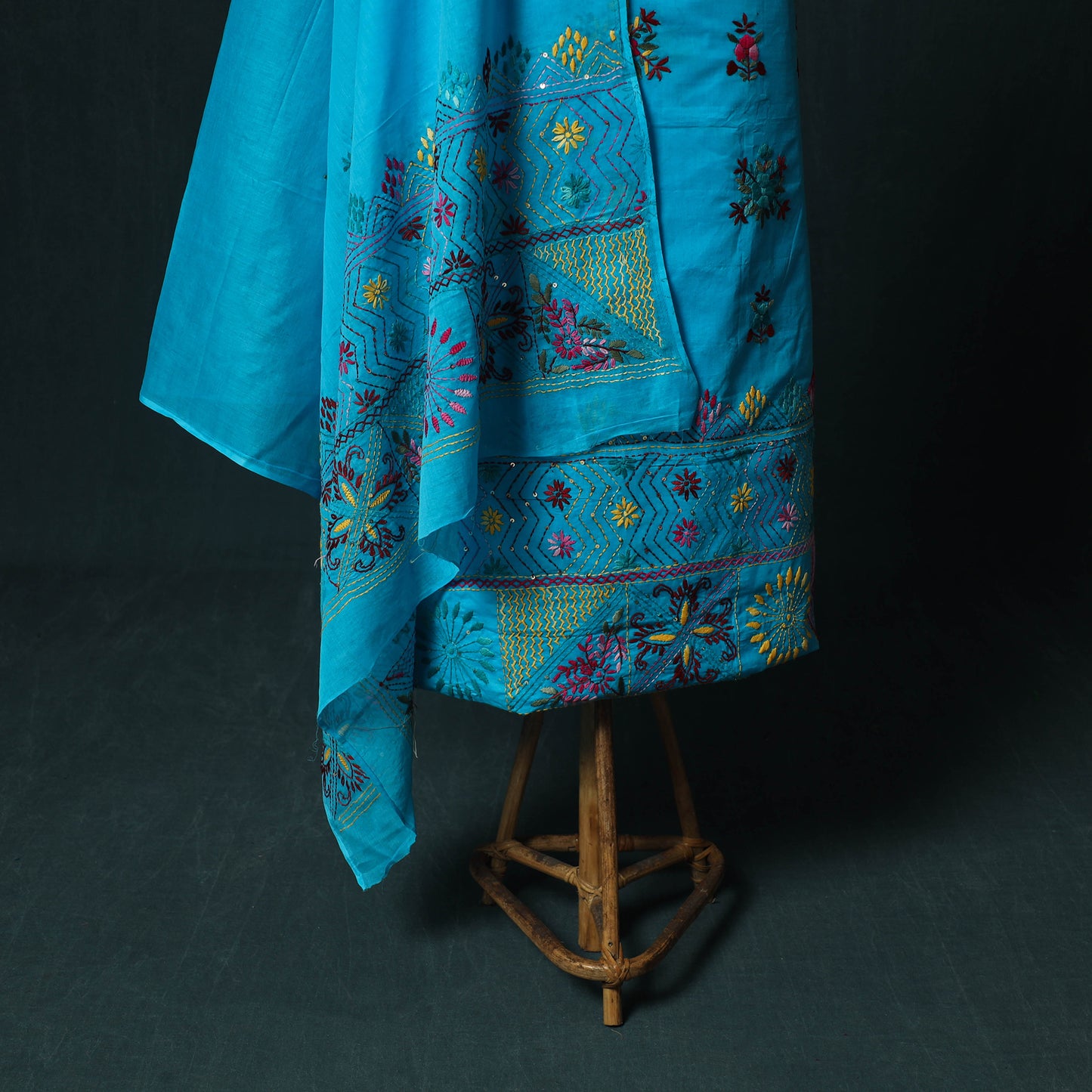 Blue - Hand Embroidered Cotton 3pc Unstitched Dress Material 43