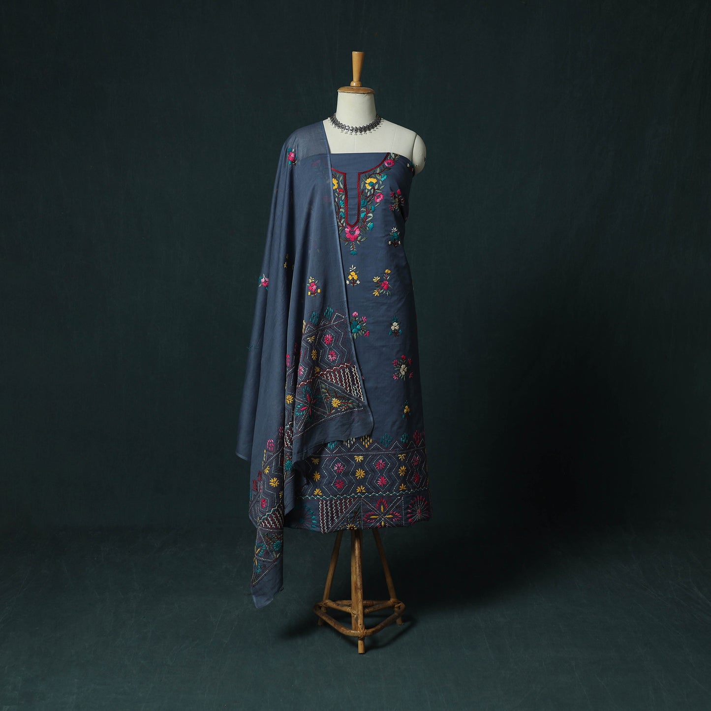 Blue - Hand Embroidered Cotton 3pc Unstitched Dress Material 47