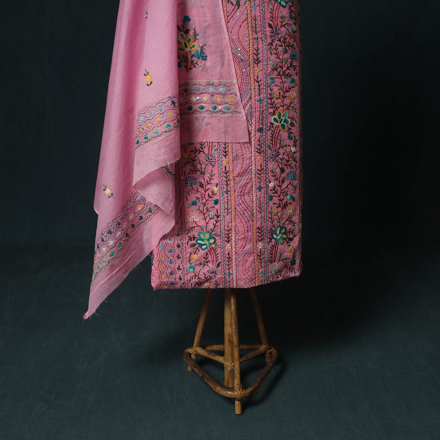 Pink - Hand Embroidered Cotton 3pc Unstitched Dress Material 52