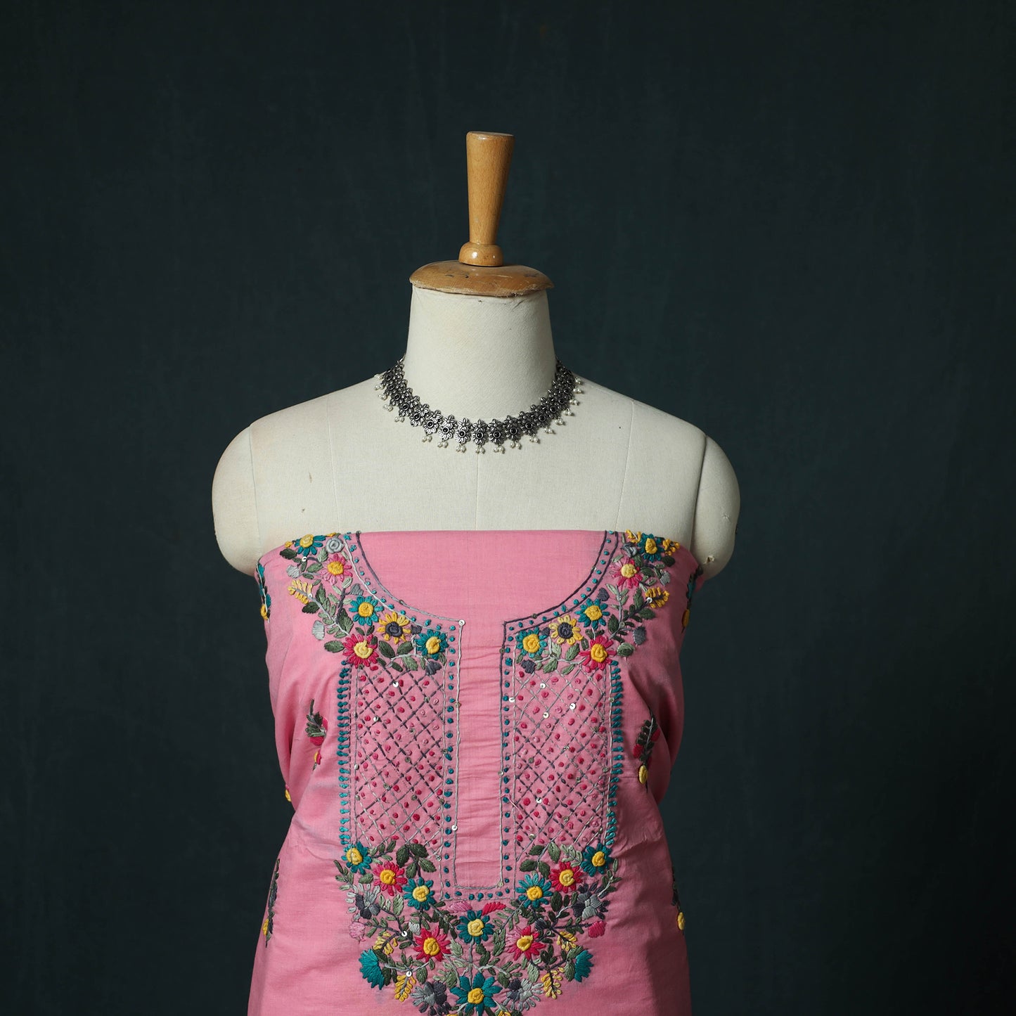 Pink - Hand Embroidered Cotton 3pc Unstitched Dress Material 53