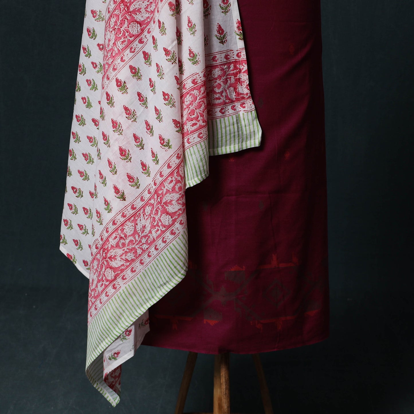 Maroon - Jacquard Woven 2pc Cotton Unstitched Dress Material Kurta Set with Jewellery 01