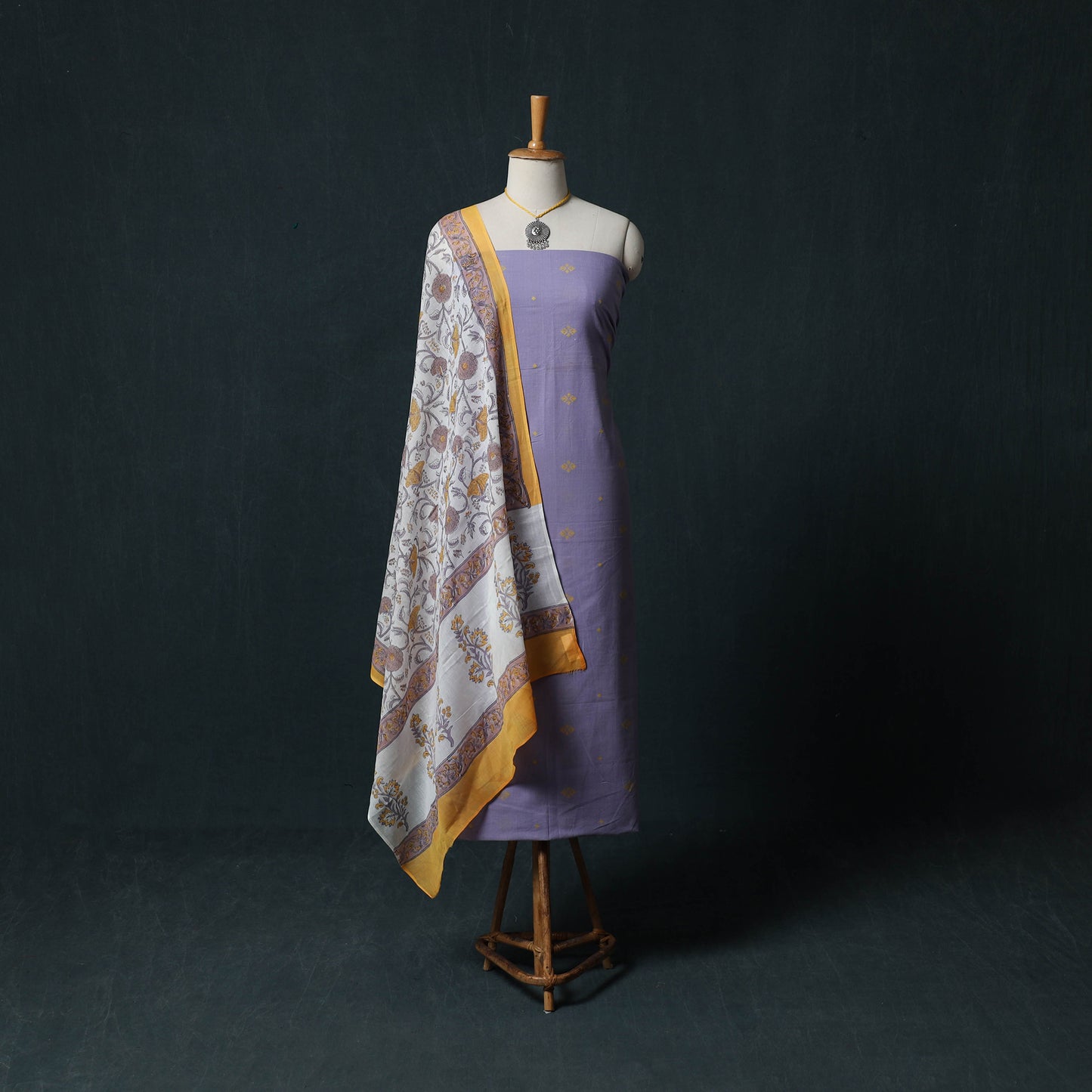 Purple - Jacquard Woven 2pc Cotton Unstitched Dress Material Kurta Set with Jewellery 02