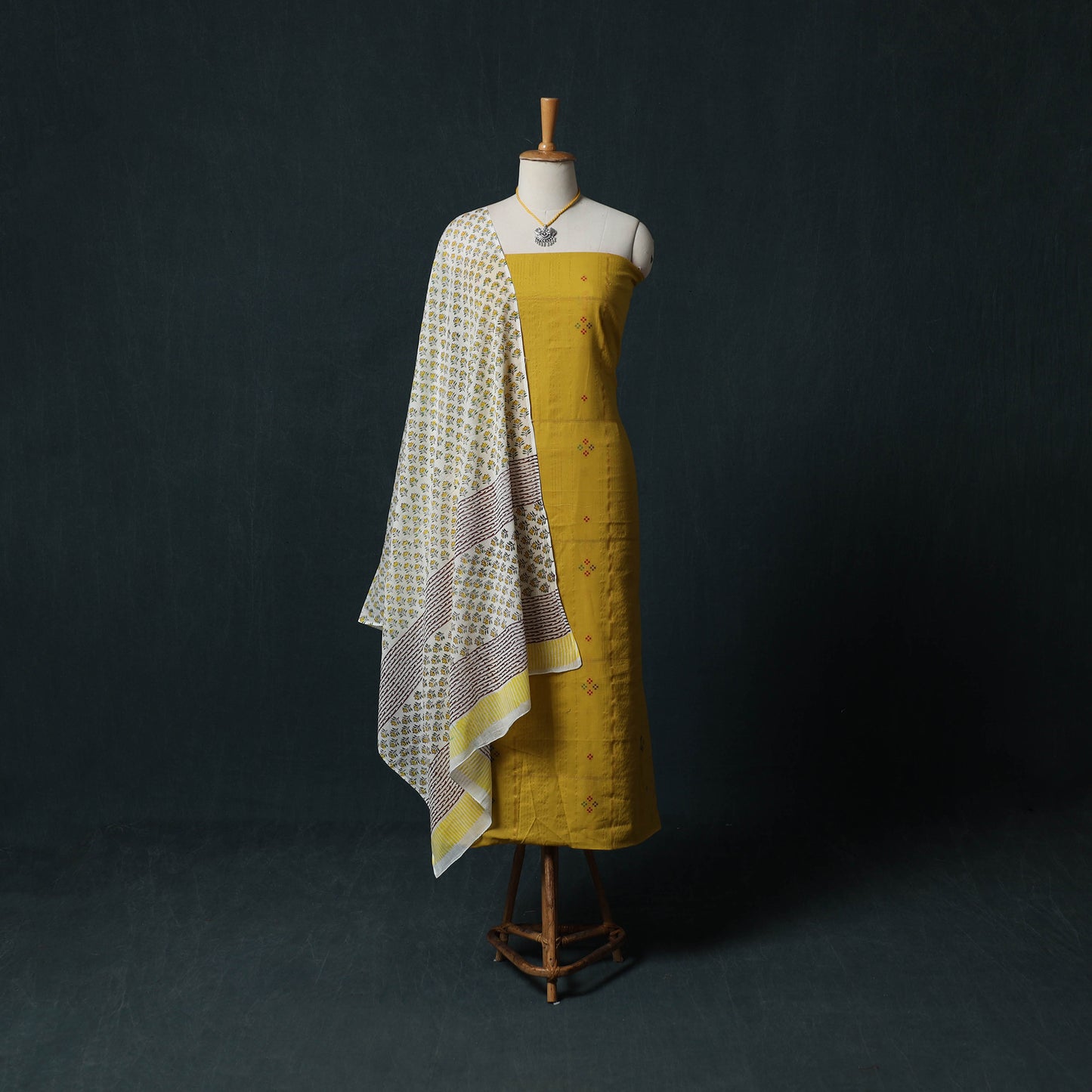 Yellow - Jacquard Woven 2pc Cotton Unstitched Dress Material Kurta Set with Jewellery 03