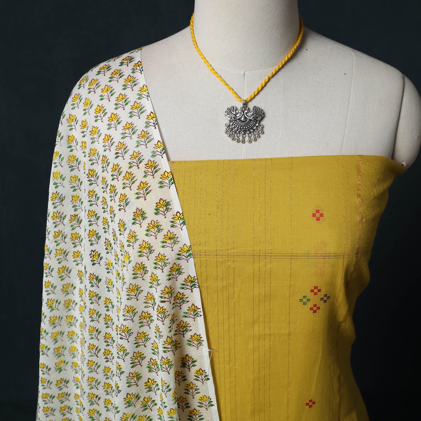 Yellow - Jacquard Woven 2pc Cotton Unstitched Dress Material Kurta Set with Jewellery 03
