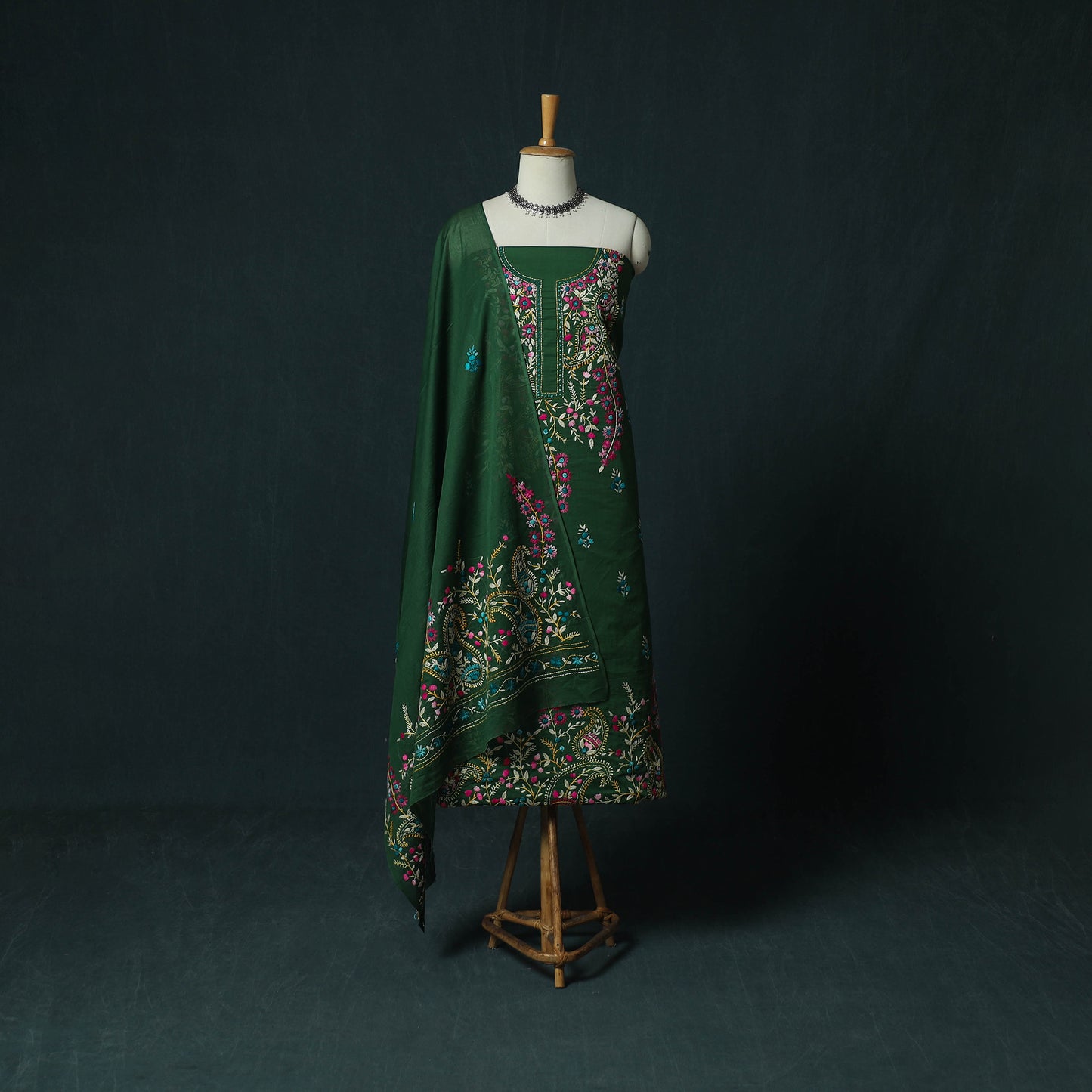 Green - Hand Embroidered Cotton 3pc Unstitched Dress Material 57
