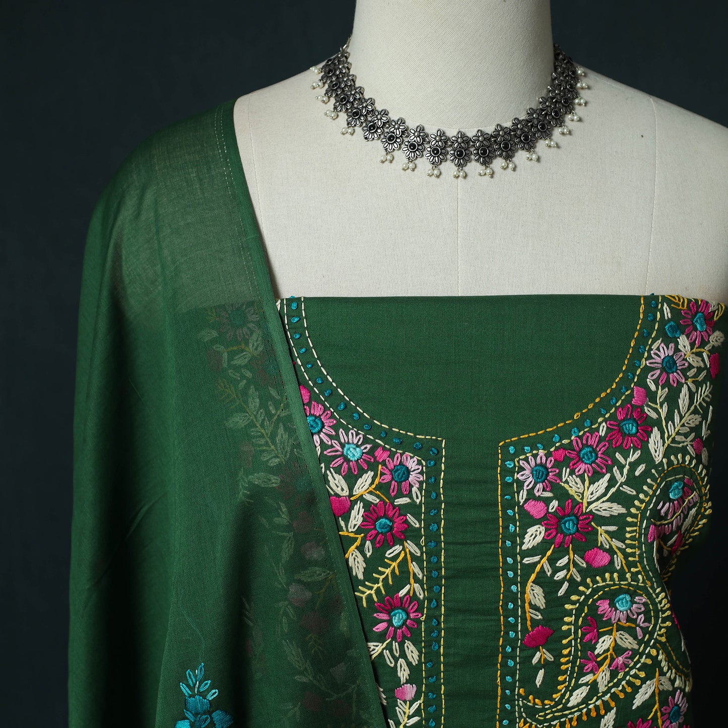Green - Hand Embroidered Cotton 3pc Unstitched Dress Material 57
