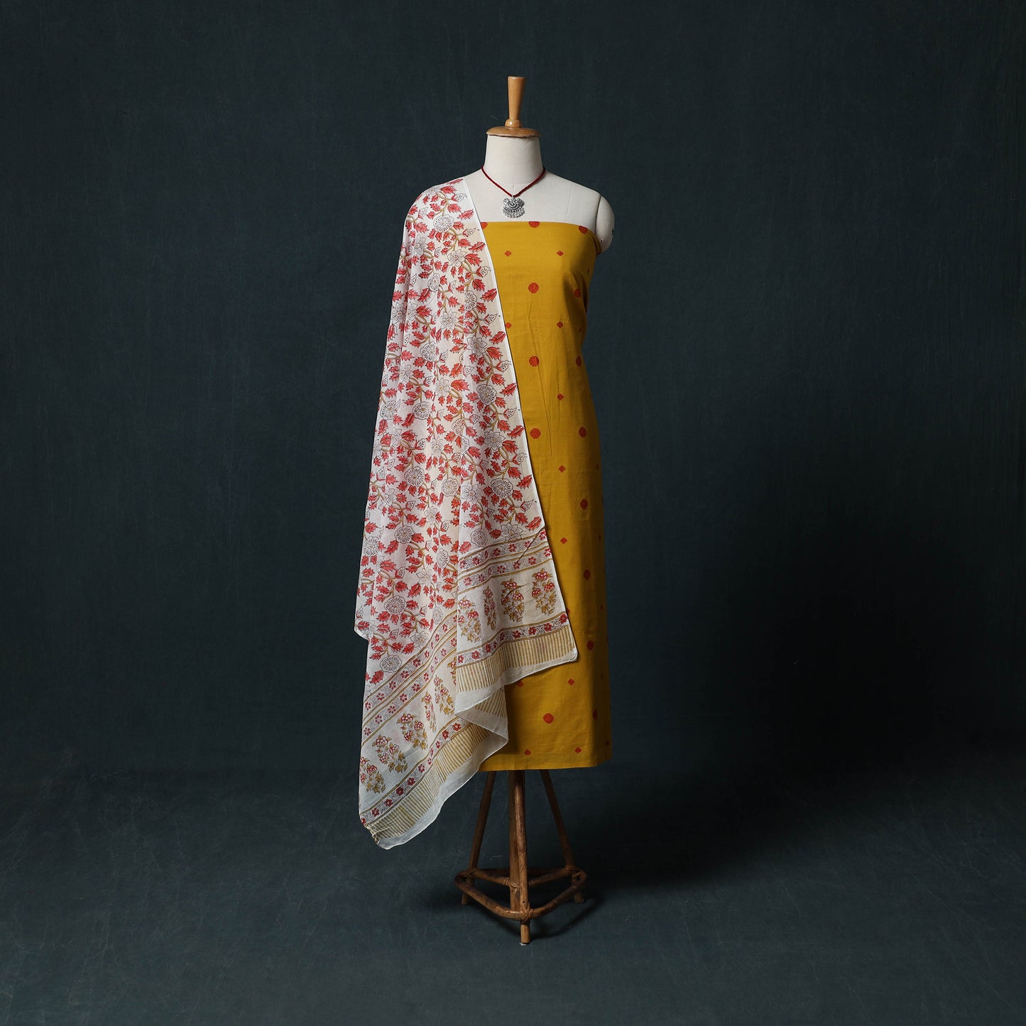 Yellow - Jacquard Woven 2pc Cotton Unstitched Dress Material Kurta Set with Jewellery 04