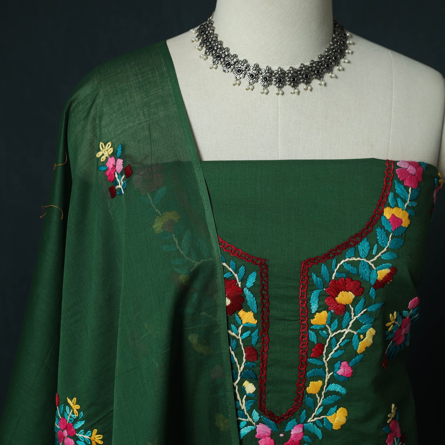 Green - Hand Embroidered Cotton 3pc Unstitched Dress Material 58