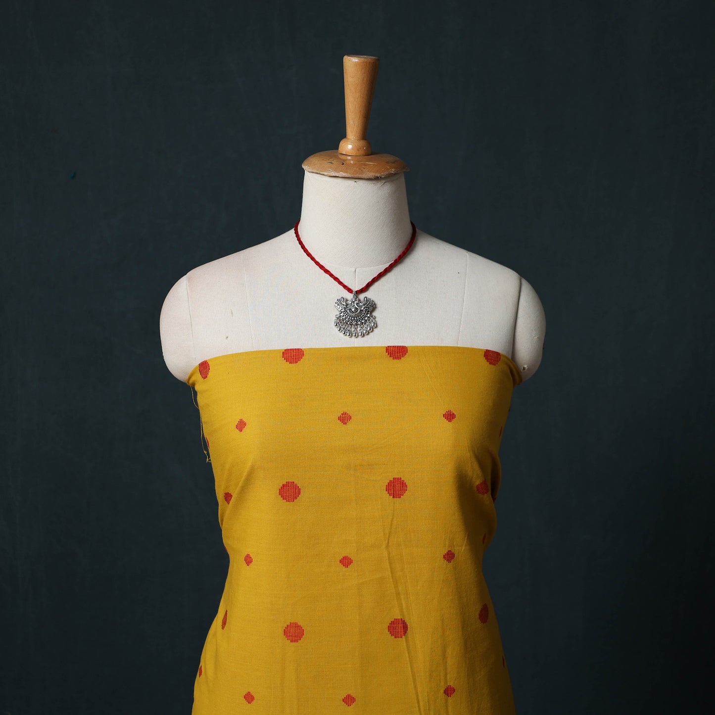 Yellow - Jacquard Woven 2pc Cotton Unstitched Dress Material Kurta Set with Jewellery 04