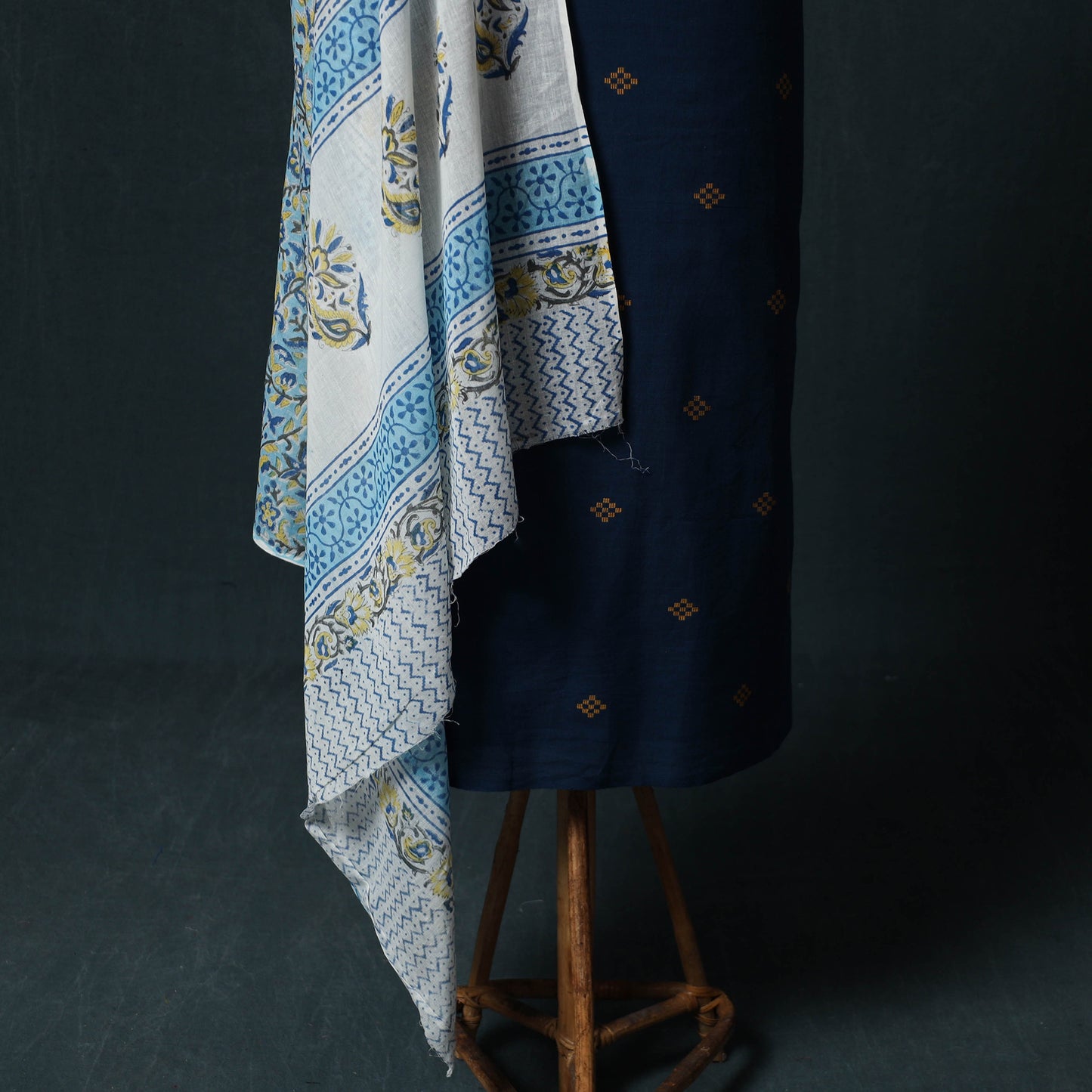 Blue - Jacquard Woven 2pc Cotton Unstitched Dress Material Kurta Set with Jewellery 05