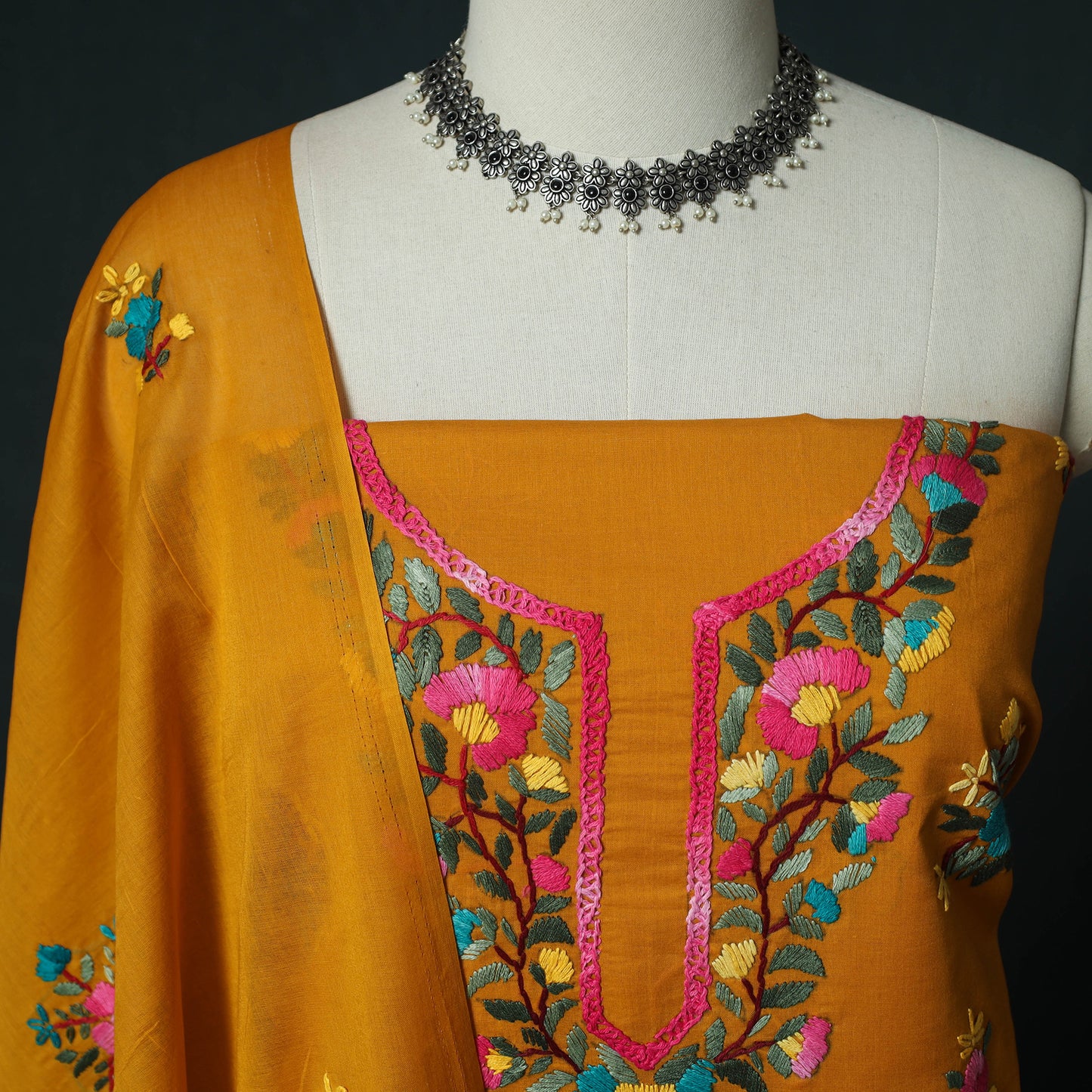 Orange - Hand Embroidered Cotton 3pc Unstitched Dress Material 61