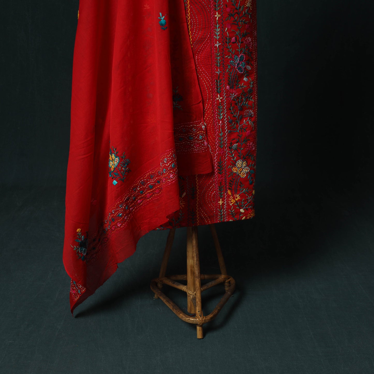 Red - Hand Embroidered Cotton 3pc Unstitched Dress Material 63