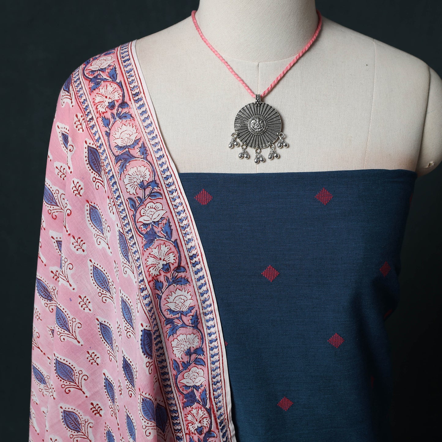 Blue - Jacquard Woven 2pc Cotton Unstitched Dress Material Kurta Set with Jewellery 10