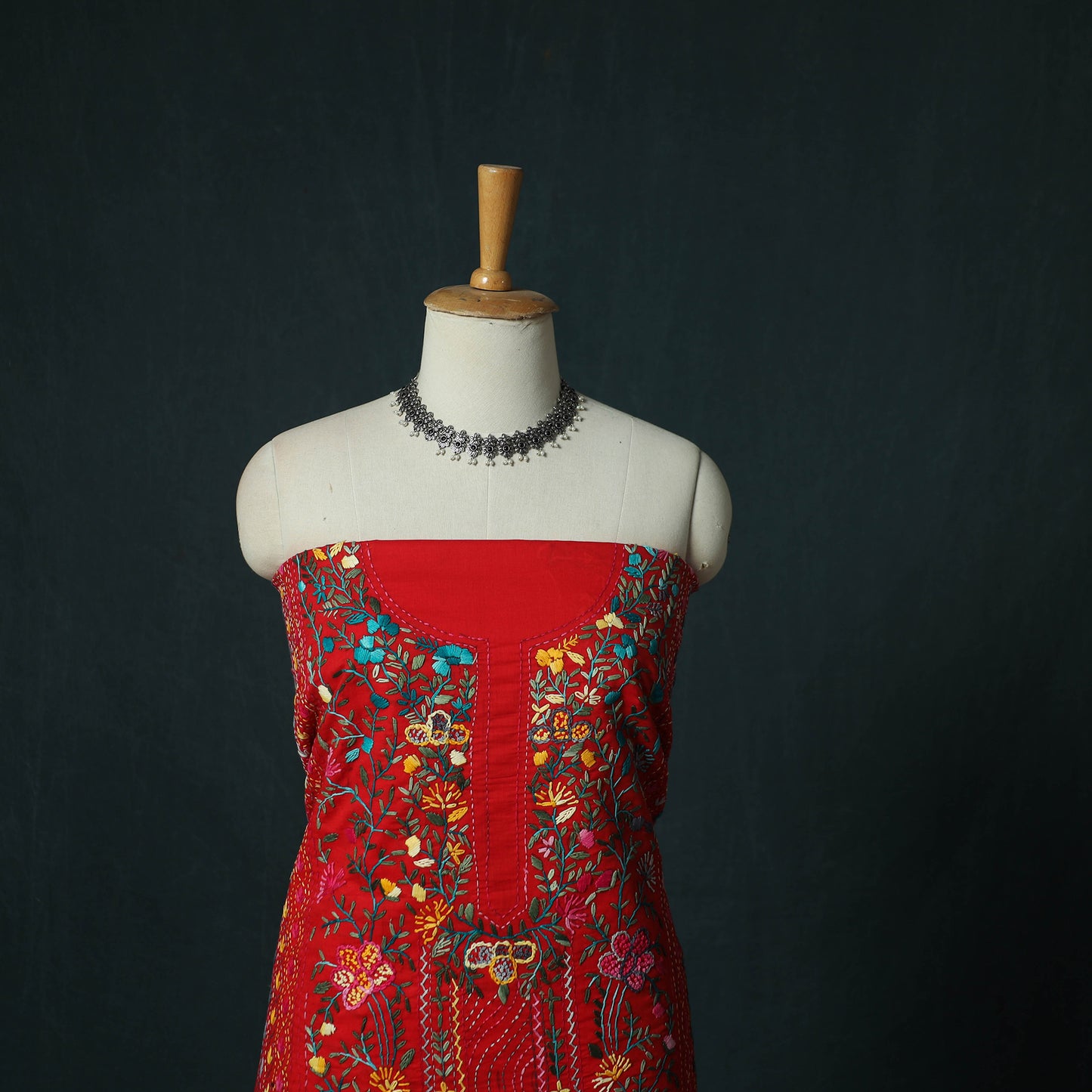 Red - Hand Embroidered Cotton 3pc Unstitched Dress Material 63