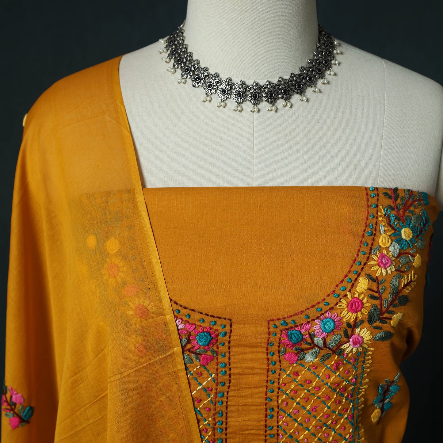 Orange - Hand Embroidered Cotton 3pc Unstitched Dress Material 64