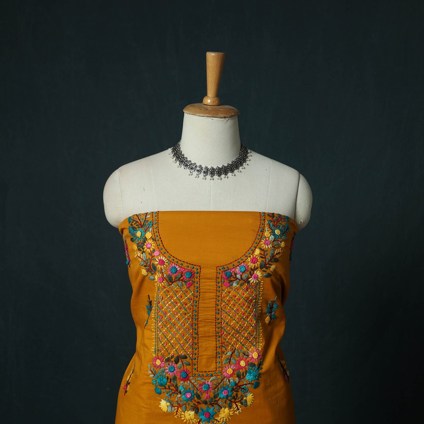 Orange - Hand Embroidered Cotton 3pc Unstitched Dress Material 64
