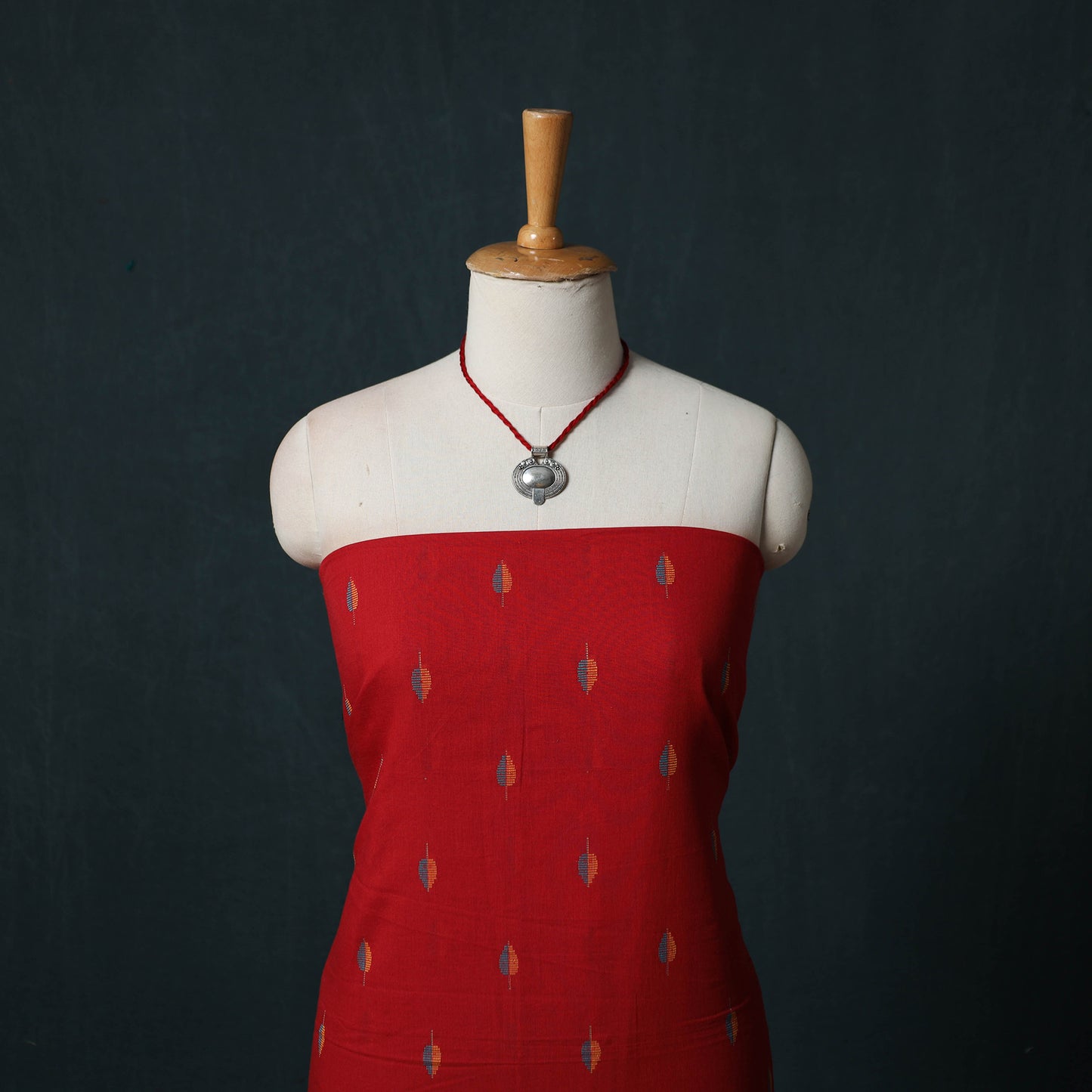 Red - Jacquard Woven 2pc Cotton Unstitched Dress Material Kurta Set with Jewellery 11