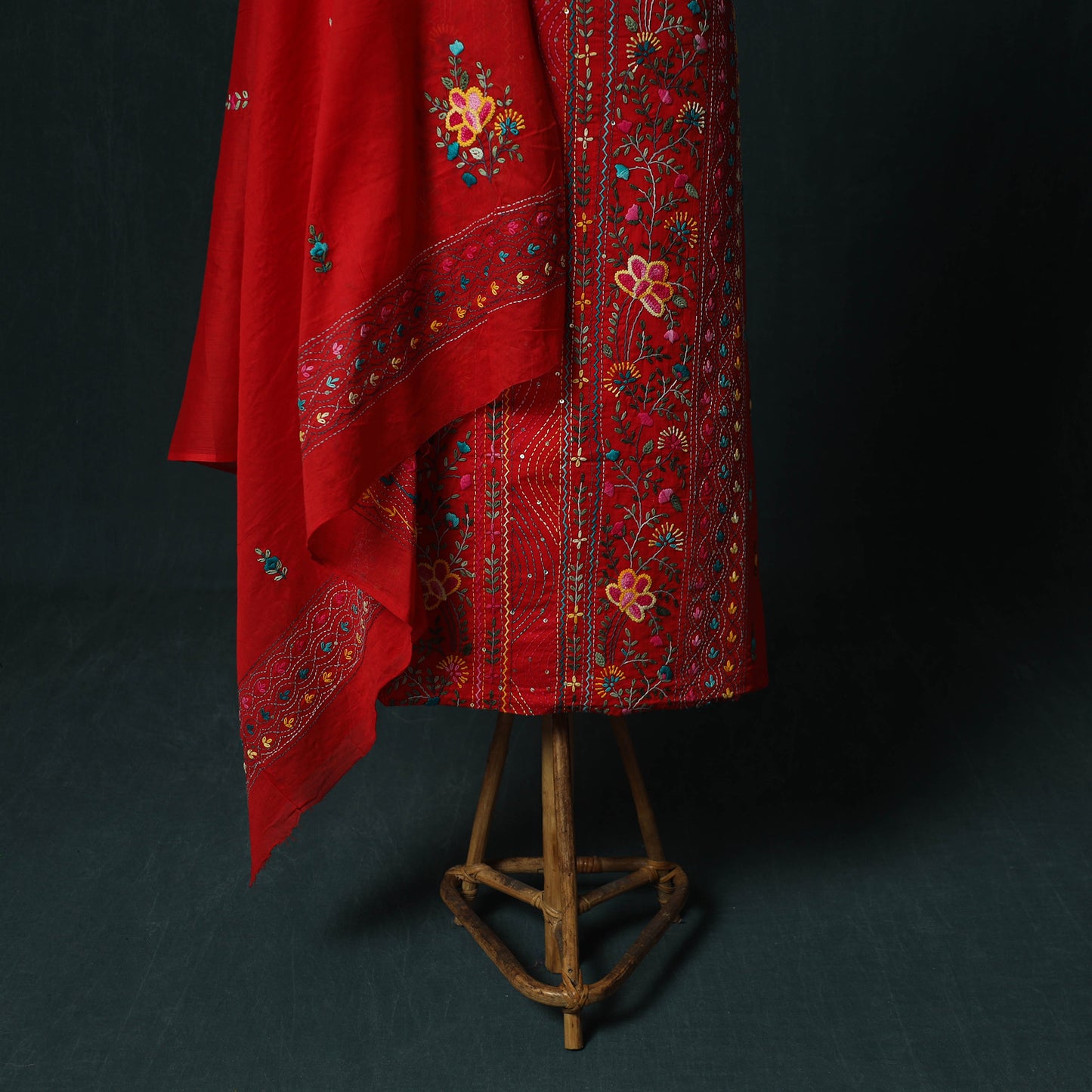 Red - Hand Embroidered Cotton 3pc Unstitched Dress Material 65