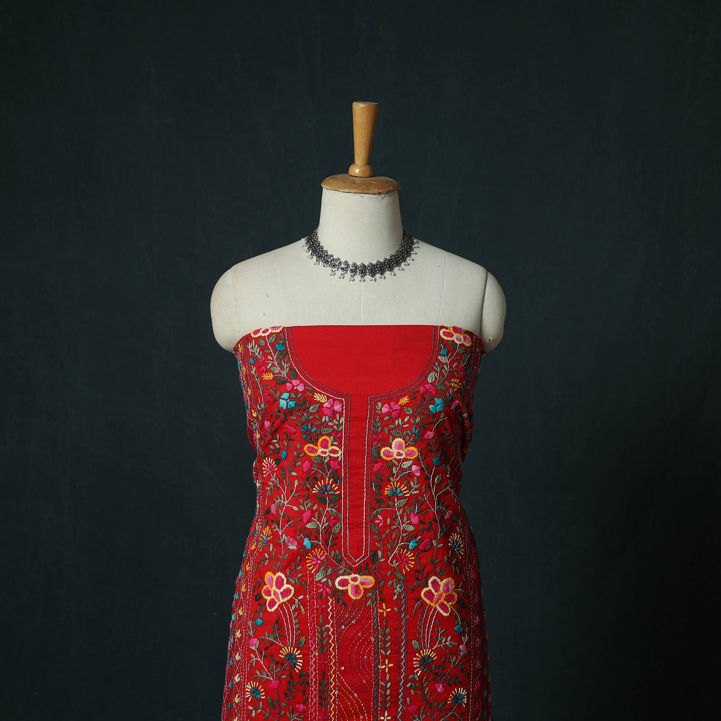 Red - Hand Embroidered Cotton 3pc Unstitched Dress Material 65
