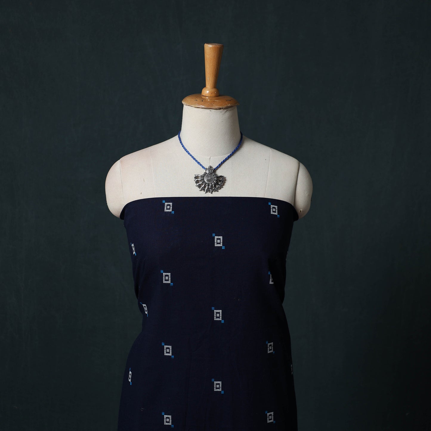 Blue - Jacquard Woven 2pc Cotton Unstitched Dress Material Kurta Set with Jewellery 15