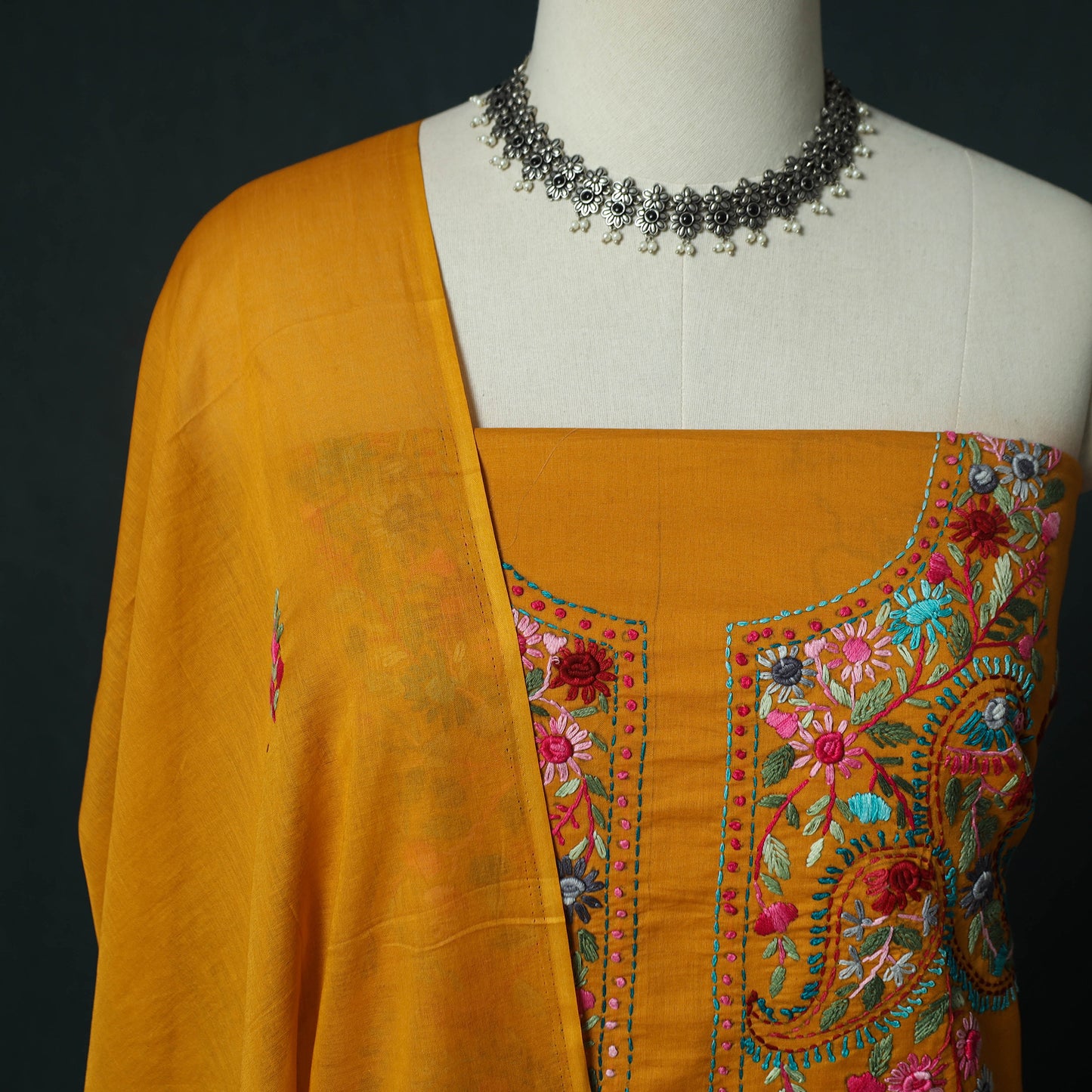 Orange - Hand Embroidered Cotton 3pc Unstitched Dress Material 70