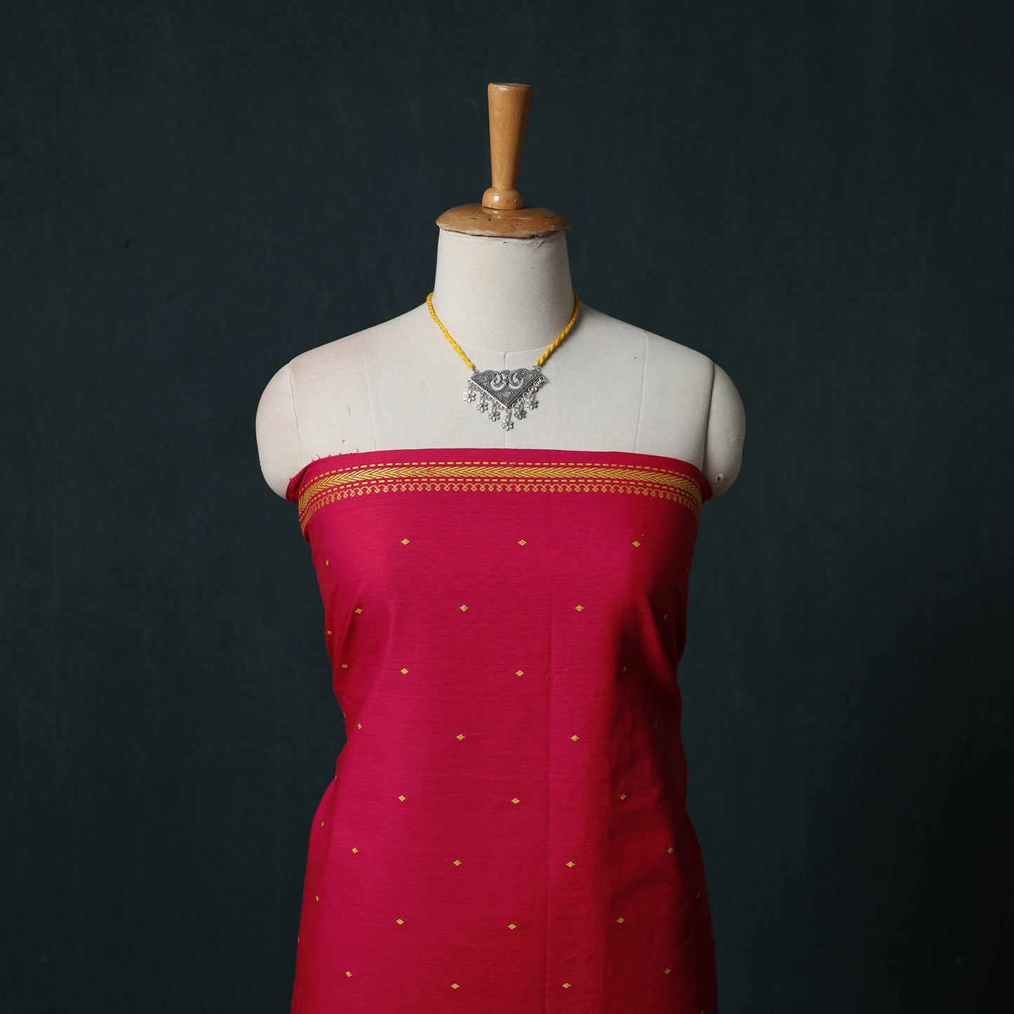 Pink - Jacquard Woven 2pc Cotton Unstitched Dress Material Kurta Set with Jewellery 18