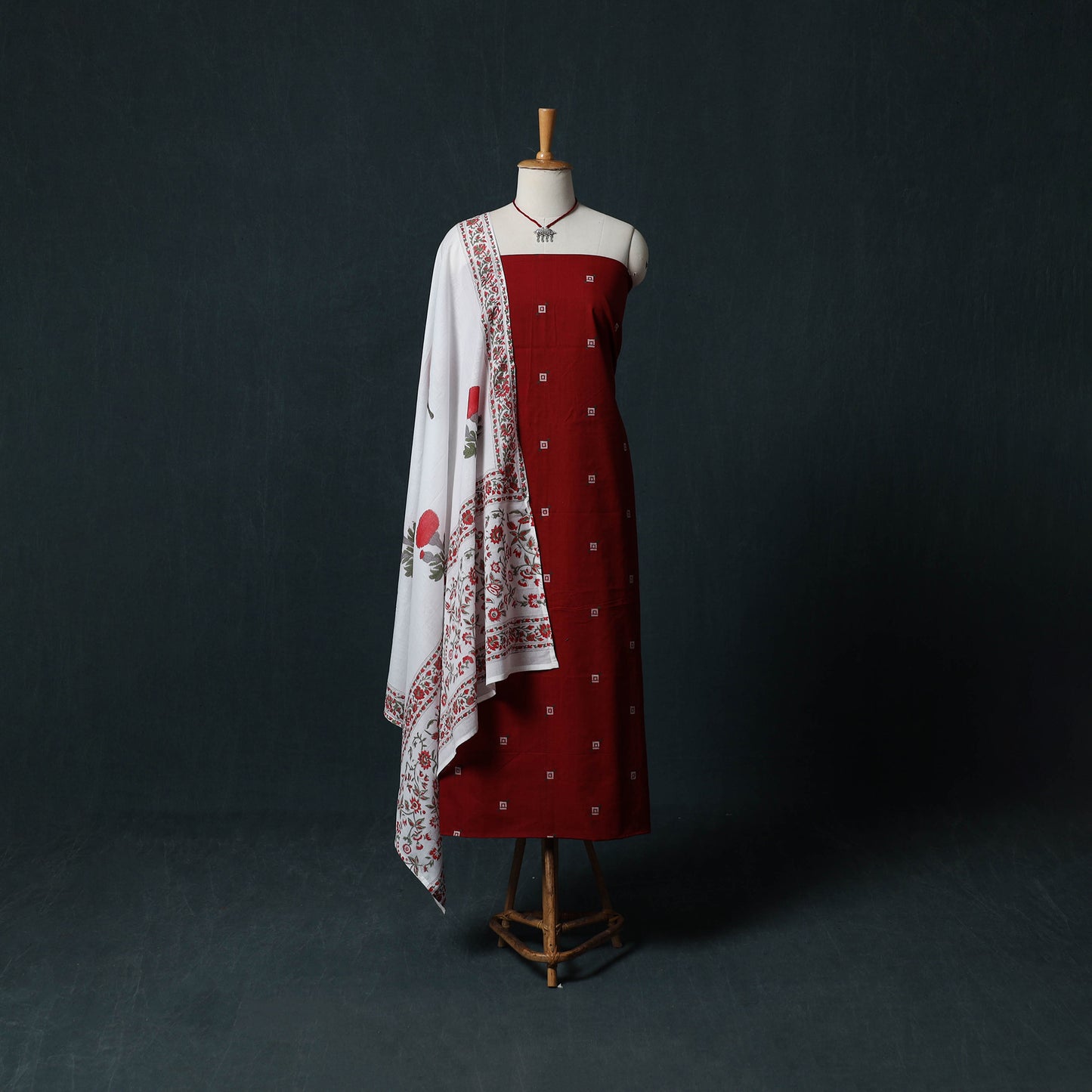Maroon - Jacquard Woven 2pc Cotton Unstitched Dress Material Kurta Set with Jewellery 20