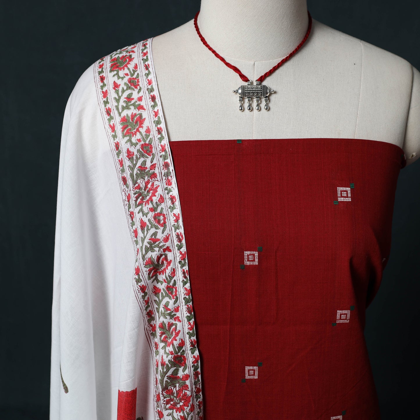 Maroon - Jacquard Woven 2pc Cotton Unstitched Dress Material Kurta Set with Jewellery 20