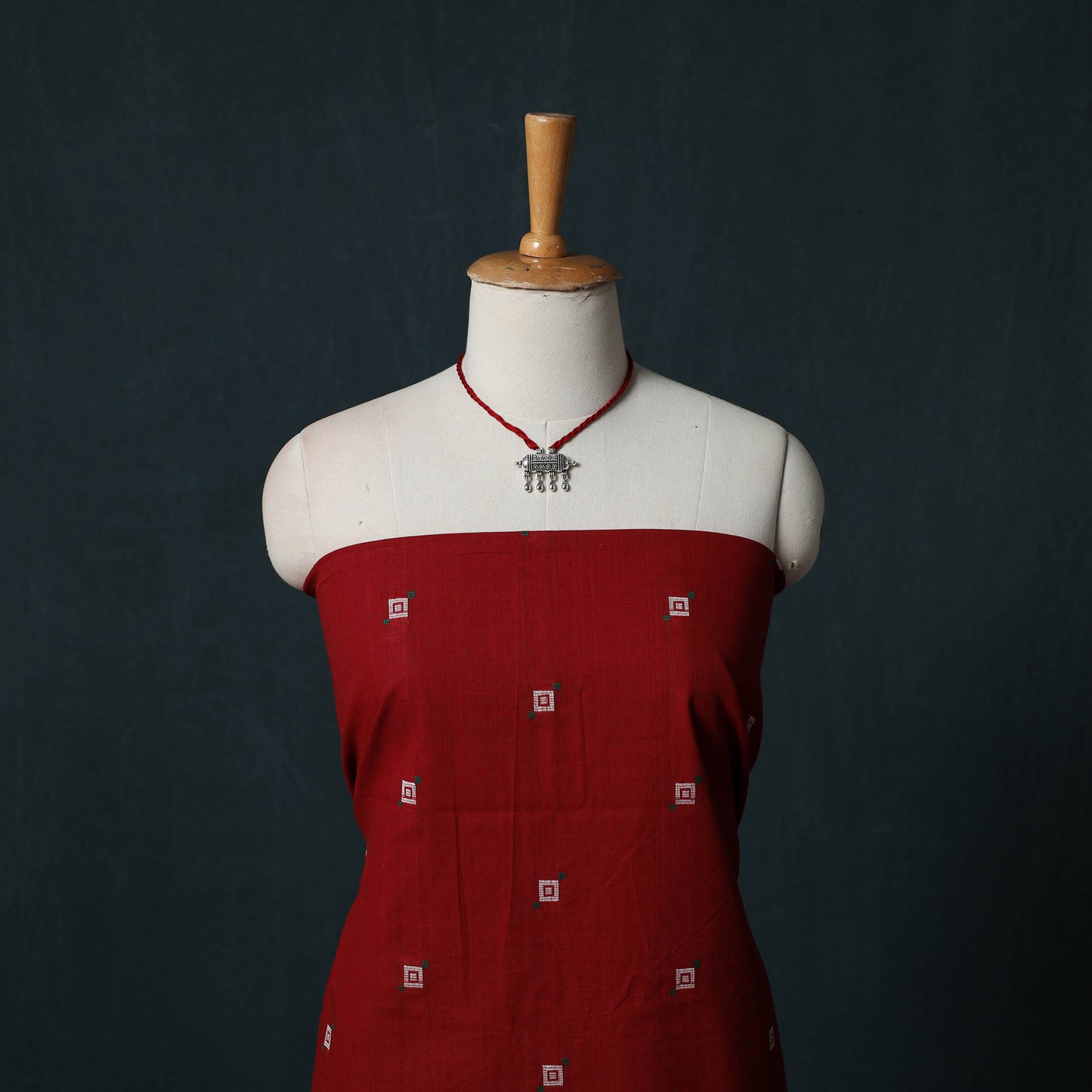 Maroon - Jacquard Woven 2pc Cotton Unstitched Dress Material Kurta Set with Jewellery 20