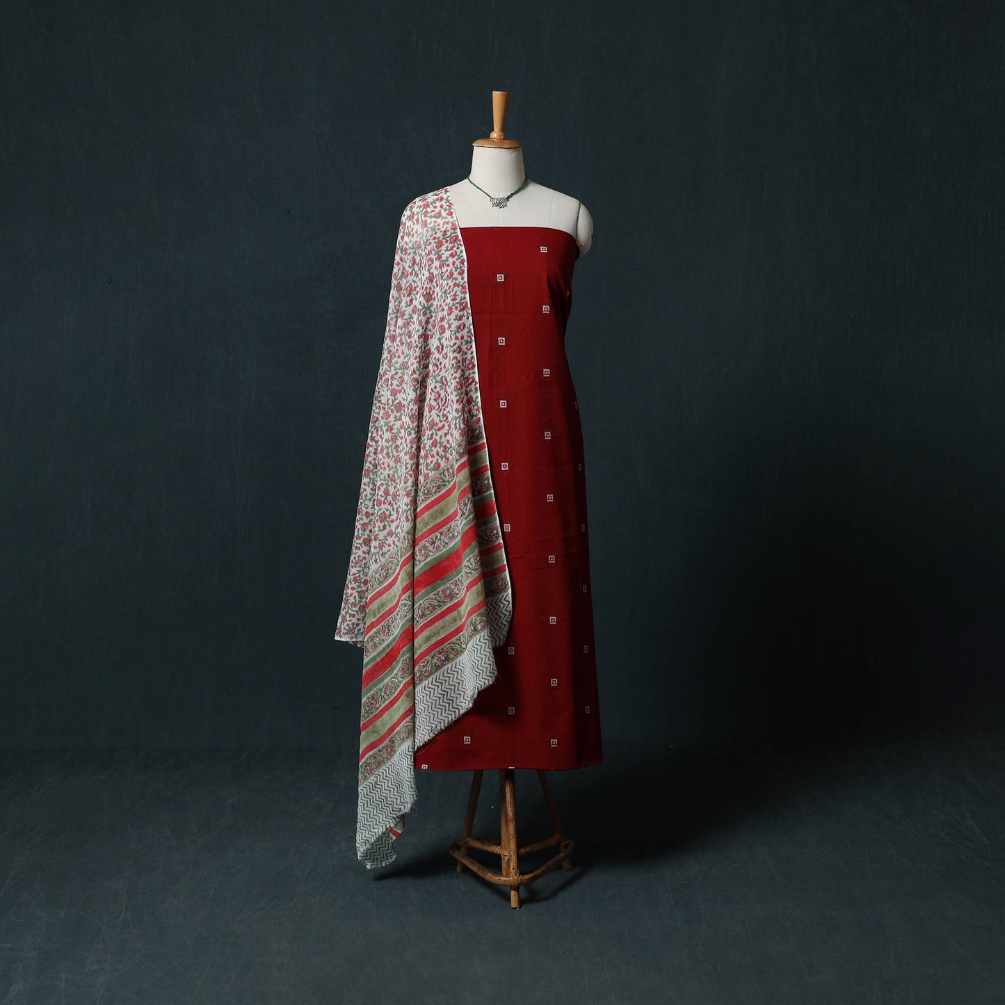 Maroon - Jacquard Woven 2pc Cotton Unstitched Dress Material Kurta Set with Jewellery 21