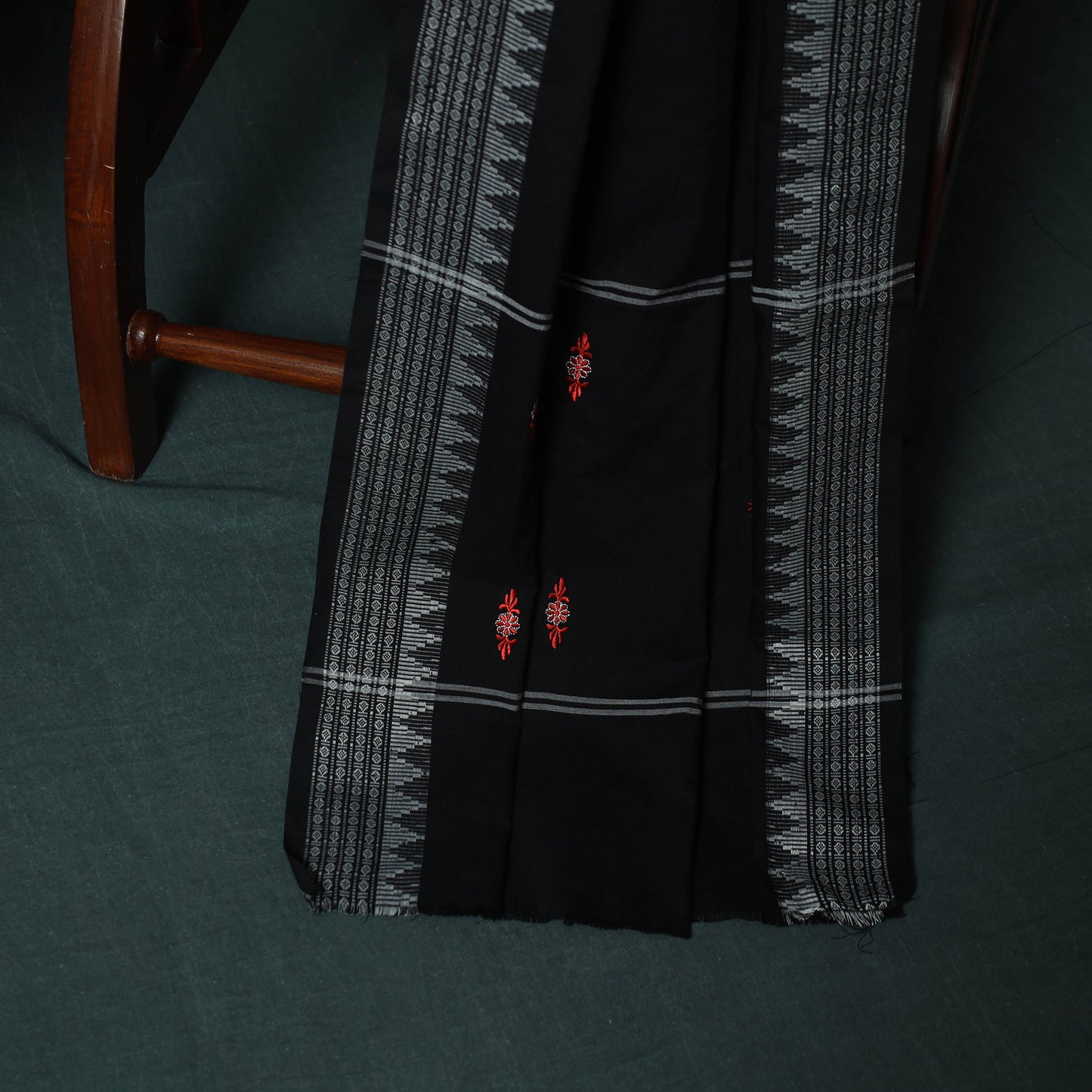 Red - Sambalpuri Ikat Embroidered Cotton 3pc Unstitched Dress Material Suit Set 06