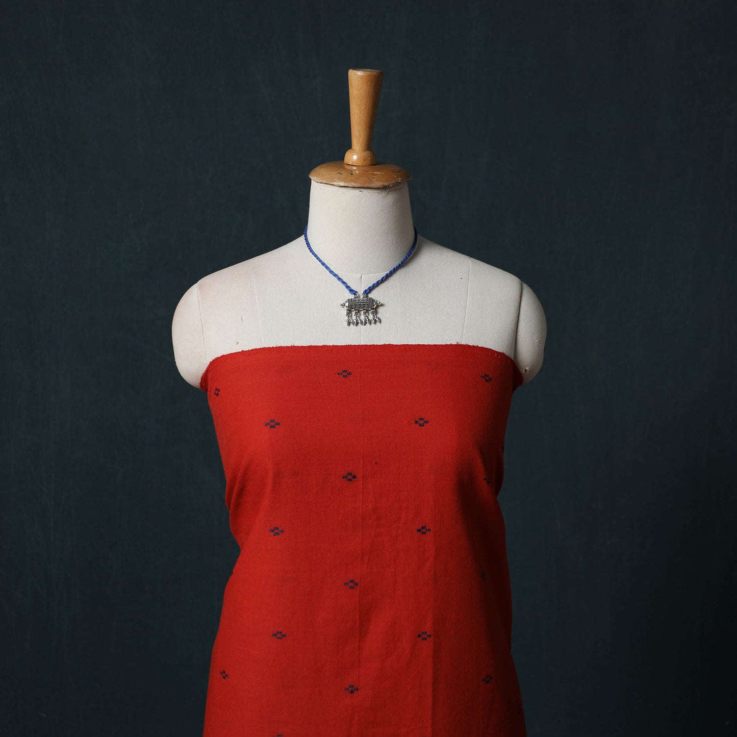 Red - Jacquard Woven 2pc Cotton Unstitched Dress Material Kurta Set with Jewellery 22