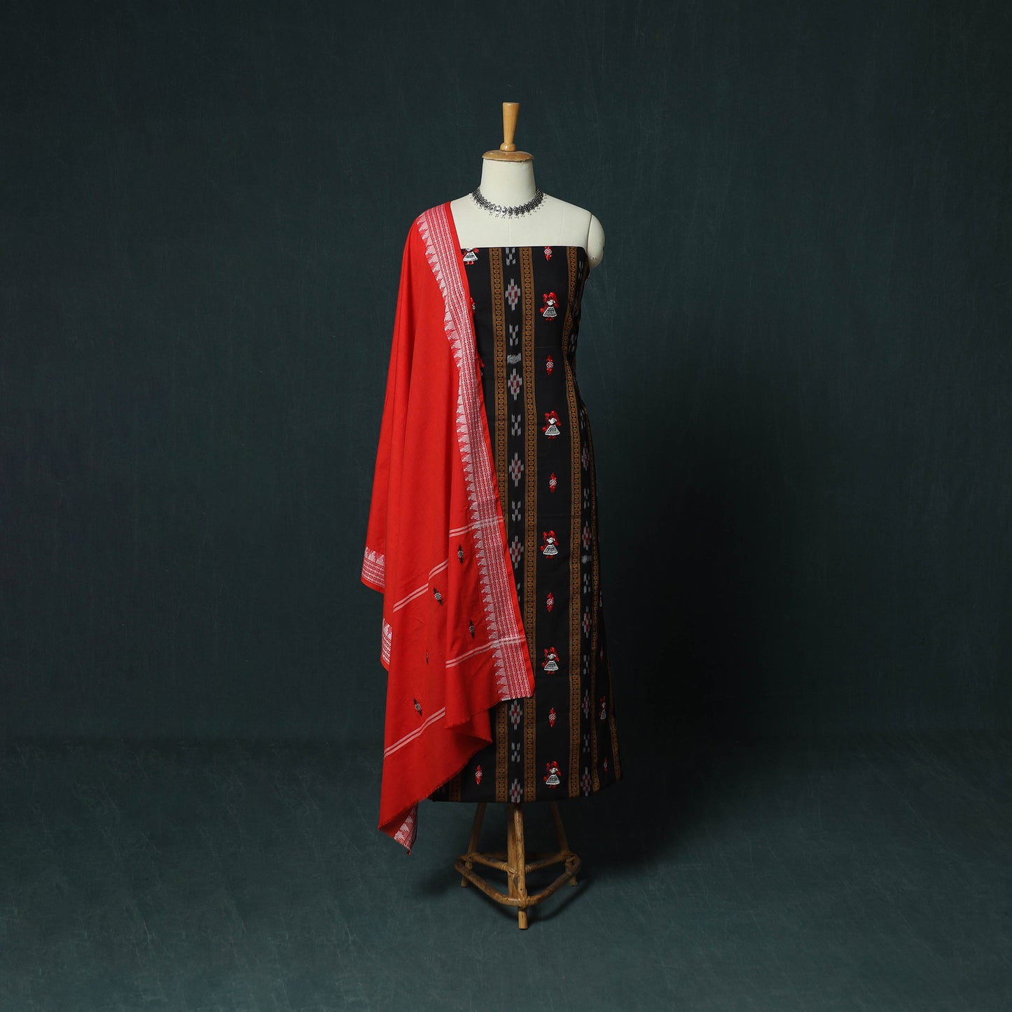 Black - Sambalpuri Ikat Embroidered Cotton 3pc Unstitched Dress Material Suit Set 01