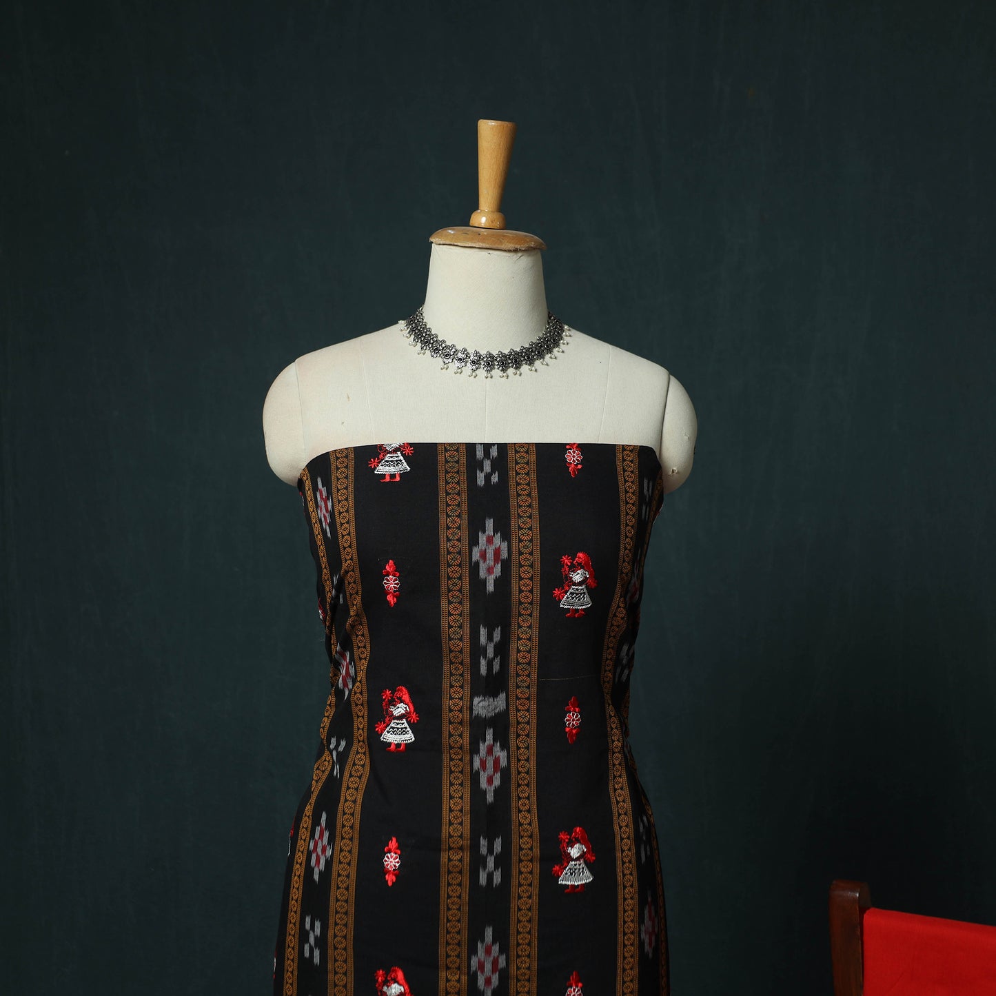 Black - Sambalpuri Ikat Embroidered Cotton 3pc Unstitched Dress Material Suit Set 01